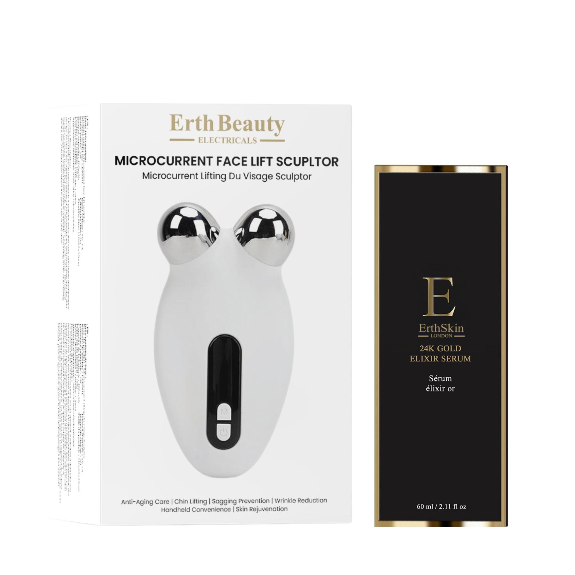 Weißes Gesichtsmassagegerät mit zwei silbernen Kugeln und schwarzem Schalter. Verpackung mit Produktname.