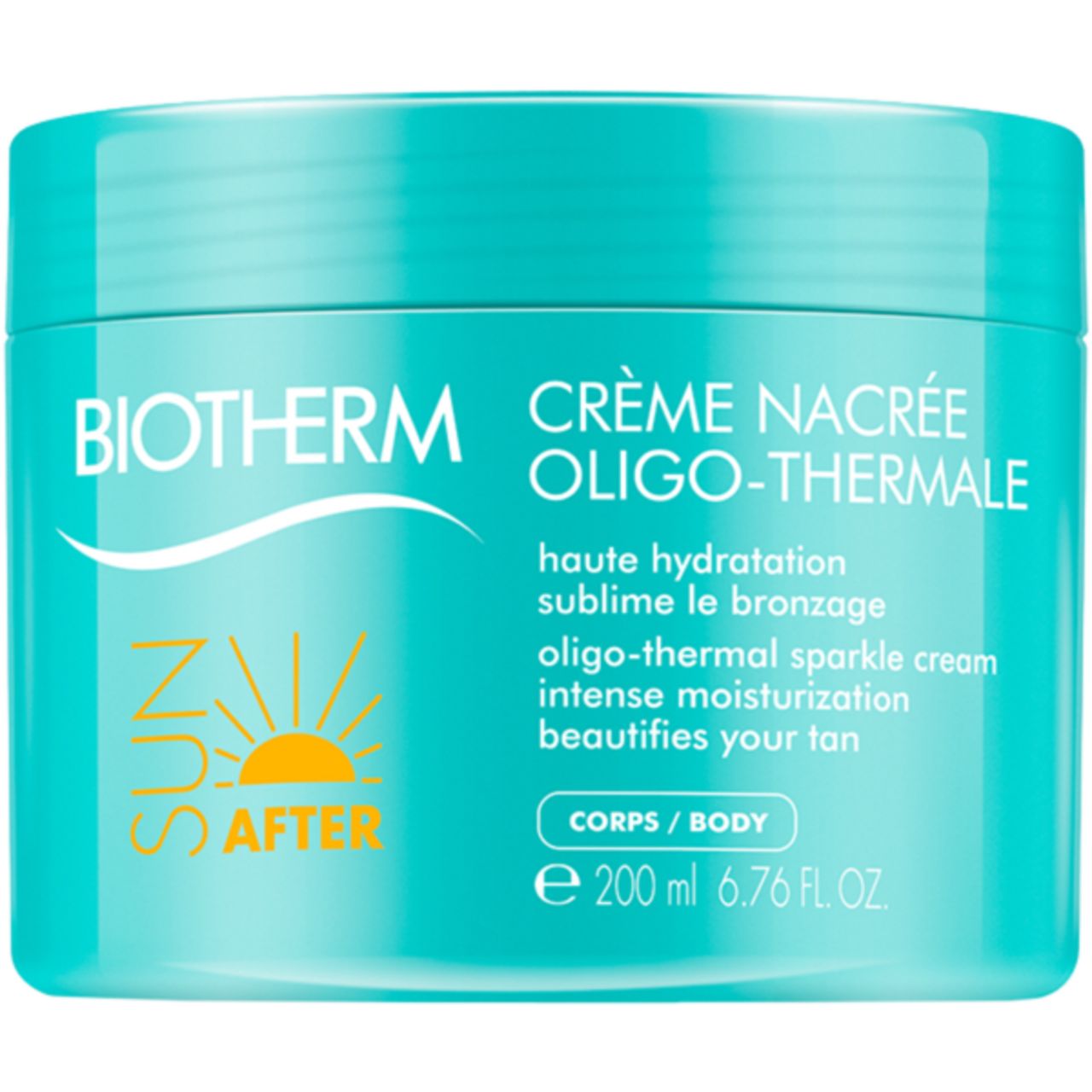Türkisfarbener Tiegel. Aufschrift BIOTHERM, Crème Nacrée, After Sun. Text: haute hydratation, sublime le bronzage. 200 ml.