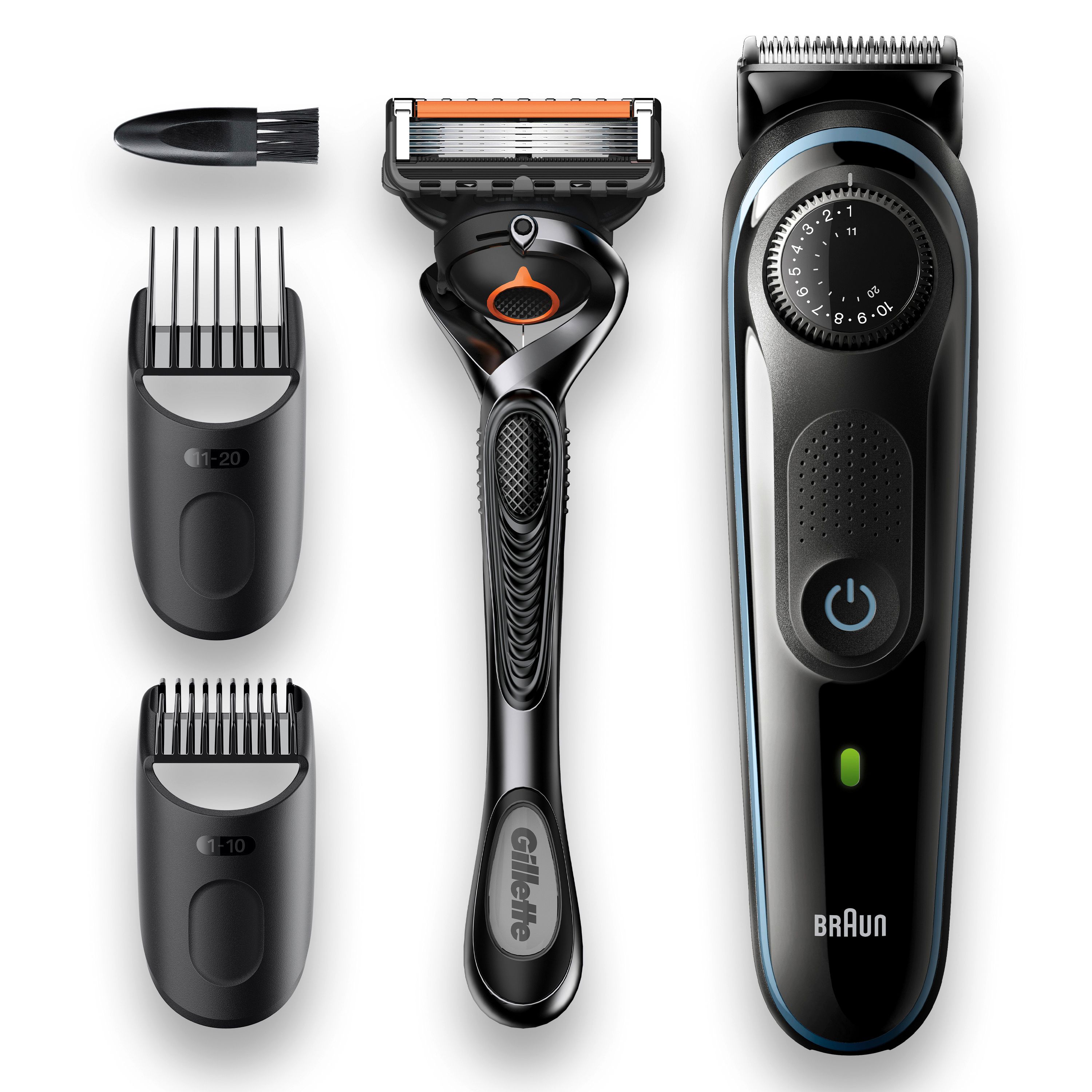 Barttrimmer, schwarz-blau, mit Zubehör: Aufsätze, Rasierer, Bürste. Marke: Braun. Rasierer: Gillette.