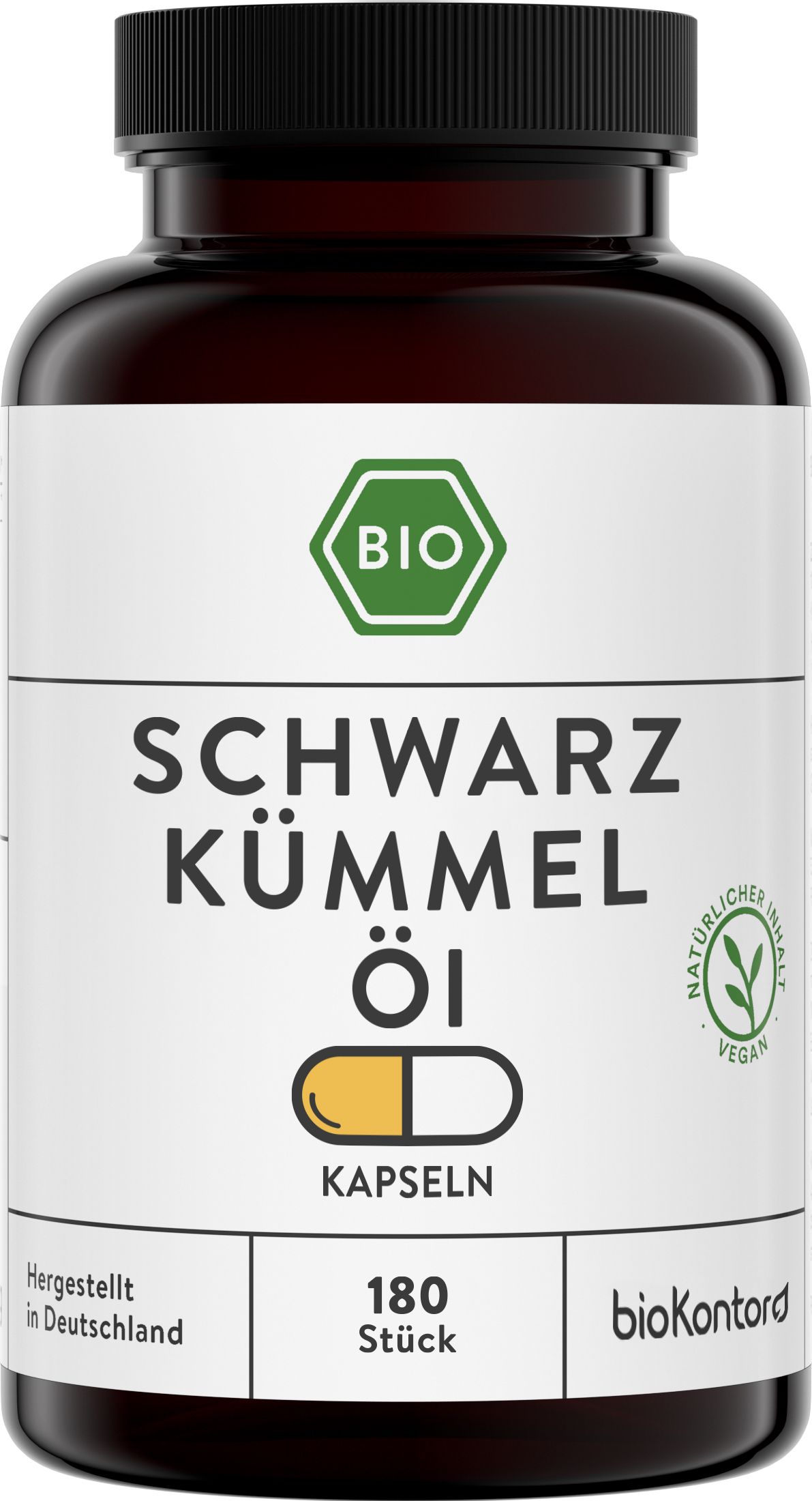 Braune Flasche mit weißen Etikett. Aufschrift: SCHWARZKÜMMEL ÖL KAPSELN. 180 Stück. BIO-Siegel. Vegan-Logo. Marke: biokontor.