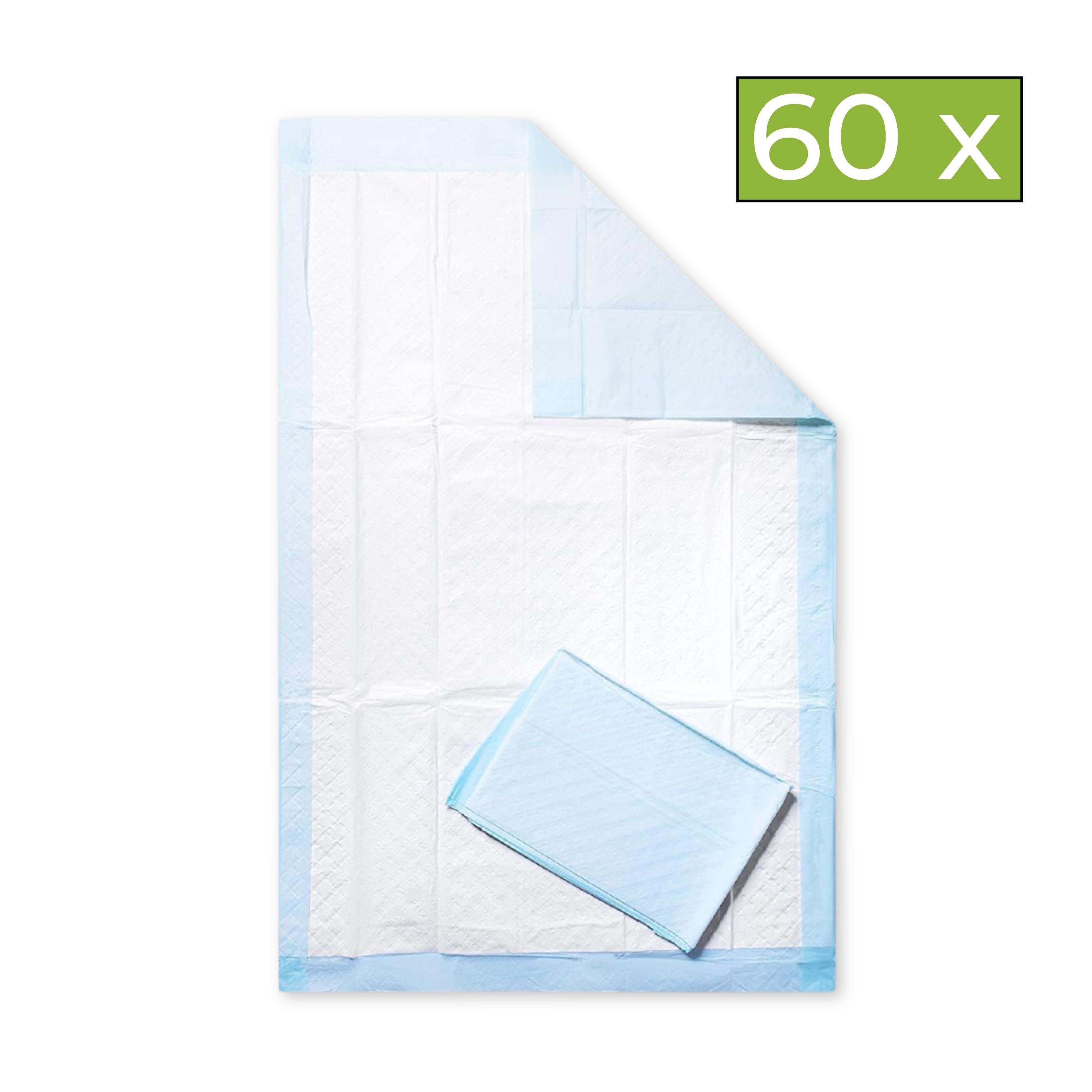 Blau-weiße Krankenunterlage. Eine Unterlage ausgebreitet, eine weitere gefaltet. Aufschrift 60 x.