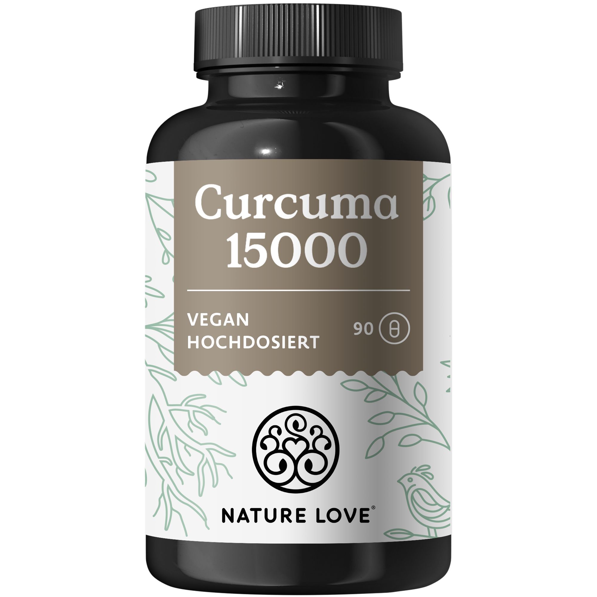 Braune Kapsel-Dose mit Etikett. Aufschrift: Curcuma 15000, NATURE LOVE®. Vegan, 90 Kapseln.