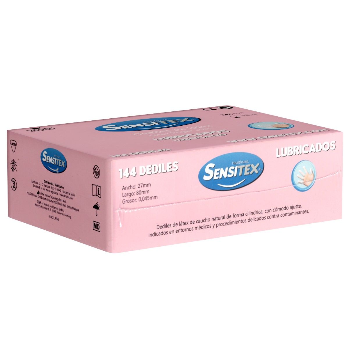 Boîte rose "Sensitex" avec "144 Dediles". Dimensions et texte "Lubricados" visibles. Contient des informations.