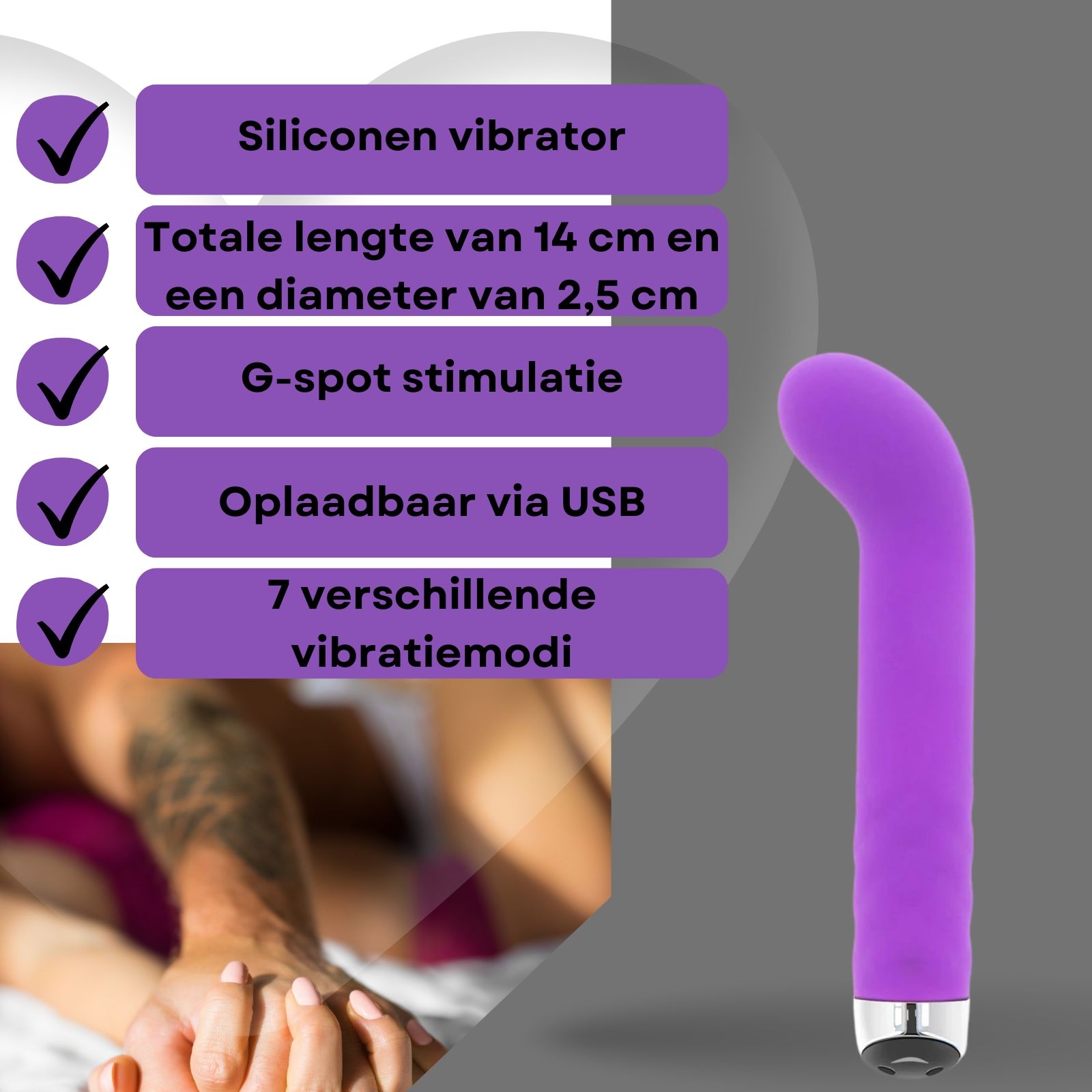 Paarse vibrator. Tekst met kenmerken: siliconen, 14cm, 2,5cm diameter, G-spot, USB, 7 standen.
