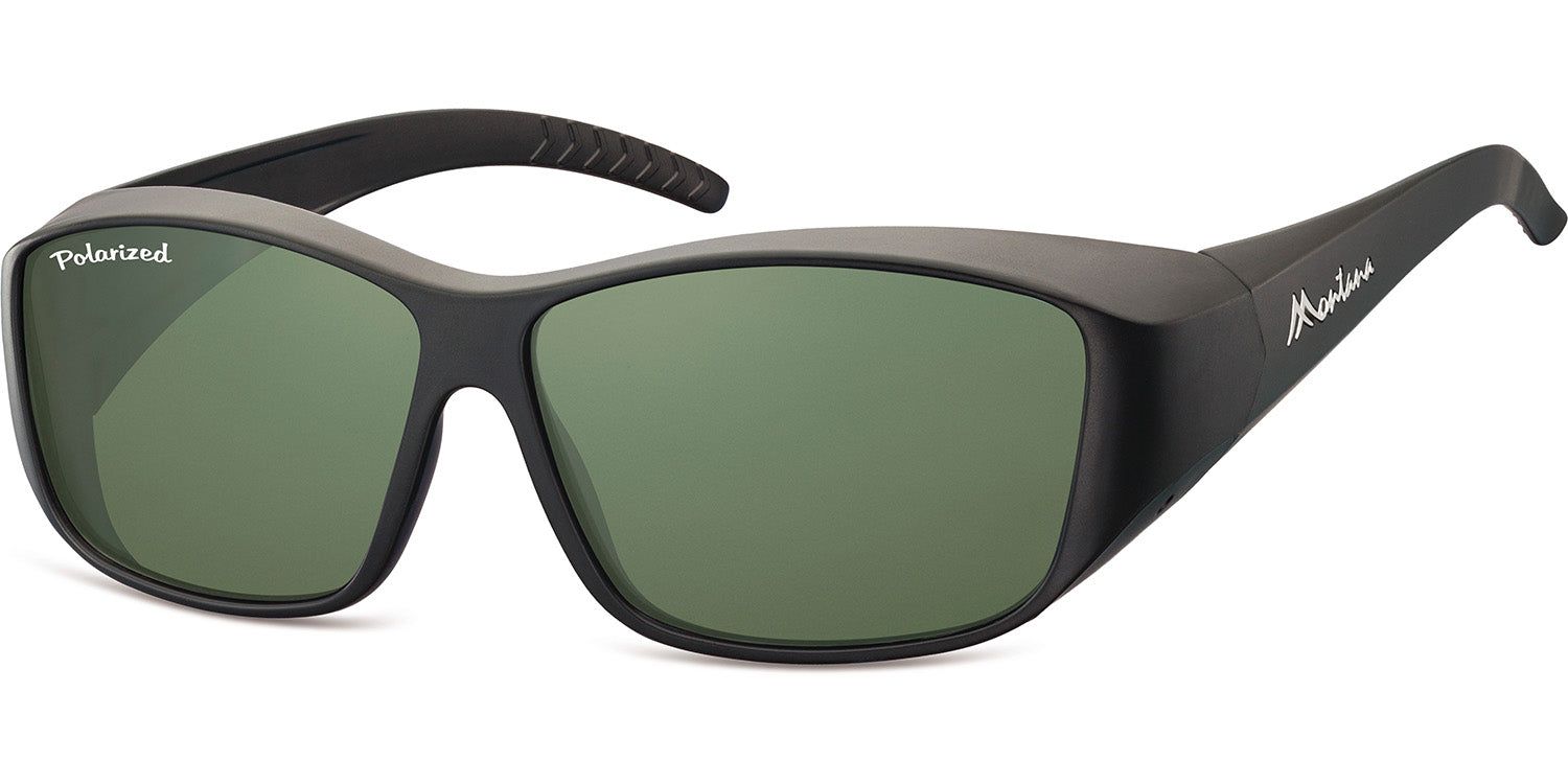 Schwarze Sonnen-Überbrille mit grünen Gläsern. Auf dem linken Glas steht "Polarized". Am Bügel steht "Montana".