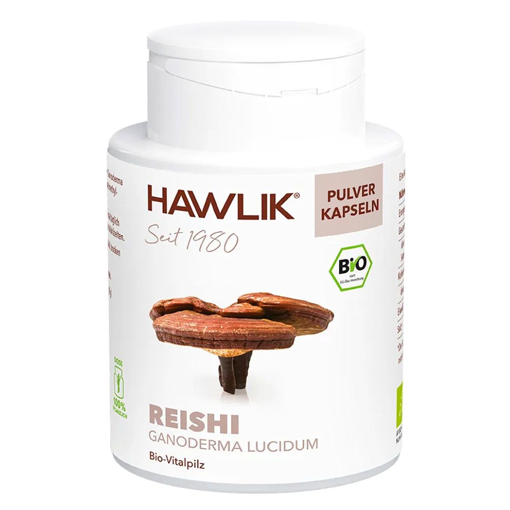Weiße Flasche mit "HAWLIK" und "REISHI" Aufschrift. "BIO"-Siegel. Abbildung von Reishi-Pilz. "Pulver Kapseln".