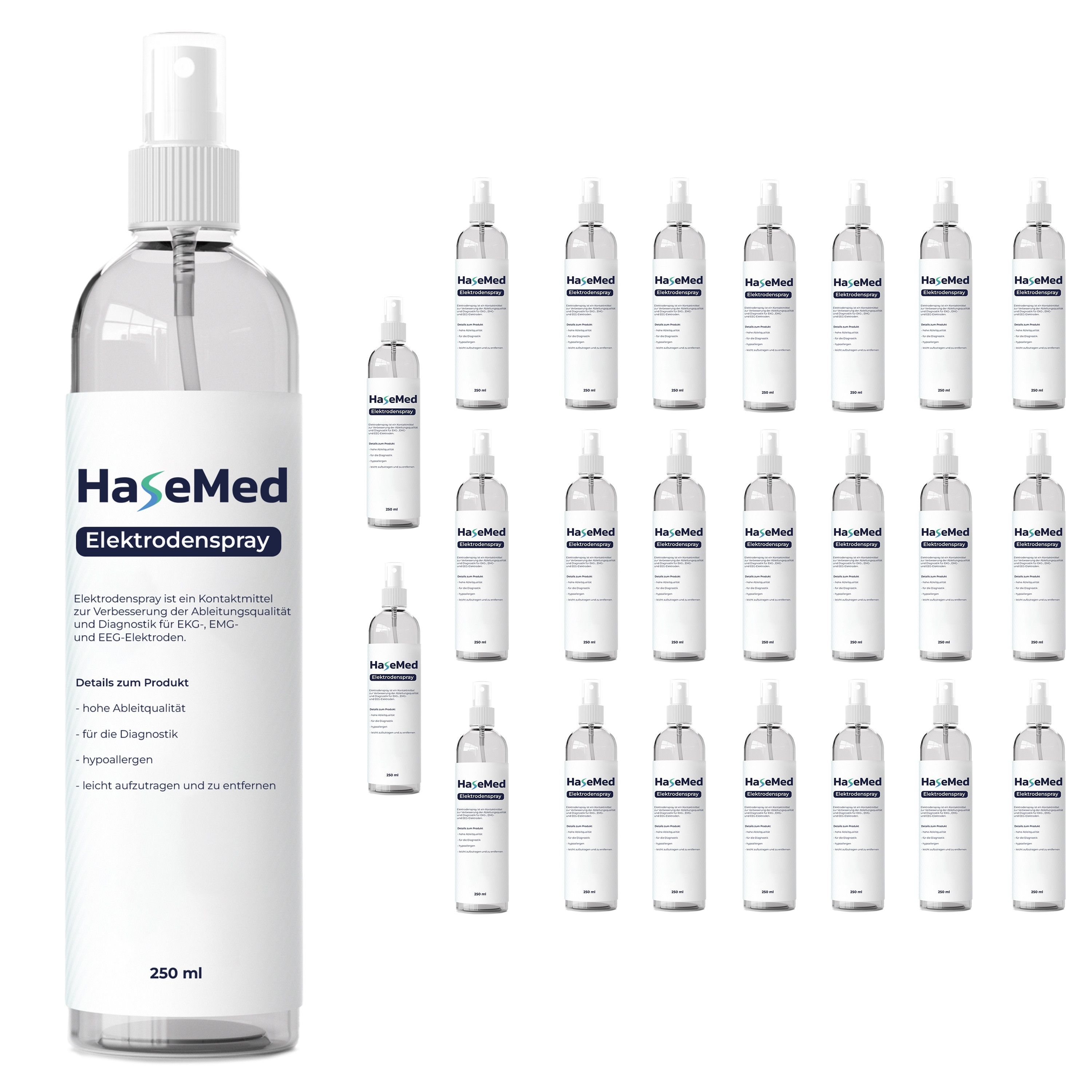 HaseMed Elektrodenspray. Klare Flasche mit Sprühkopf und Etikett. Mehrere Flaschen im Hintergrund.