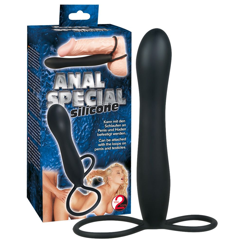 Produkt in Verpackung. Schwarzes Silikonprodukt mit länglicher Form und zwei Ringen. Text: ANAL SPECIAL silicone.