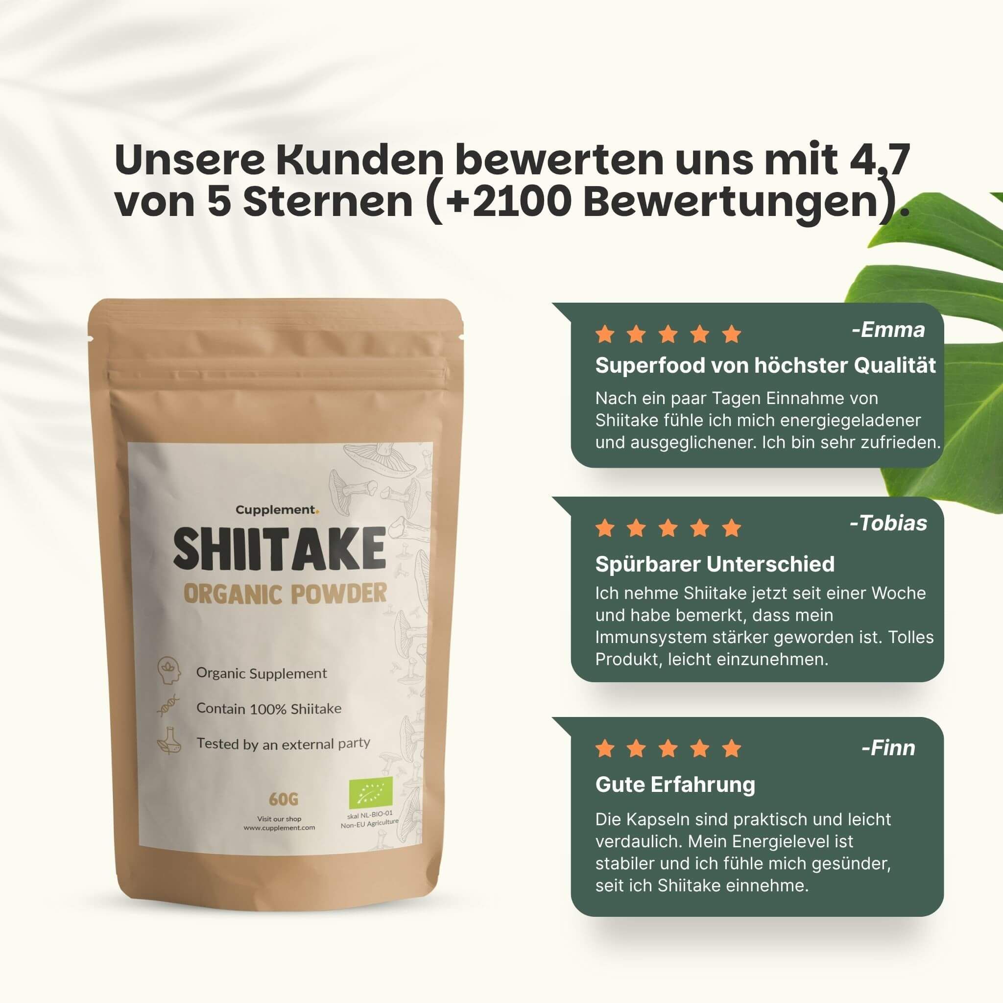 Beutel Shiitake Organic Powder. Kundenbewertungen: 4,7 von 5 Sternen. Zitate von Kunden.