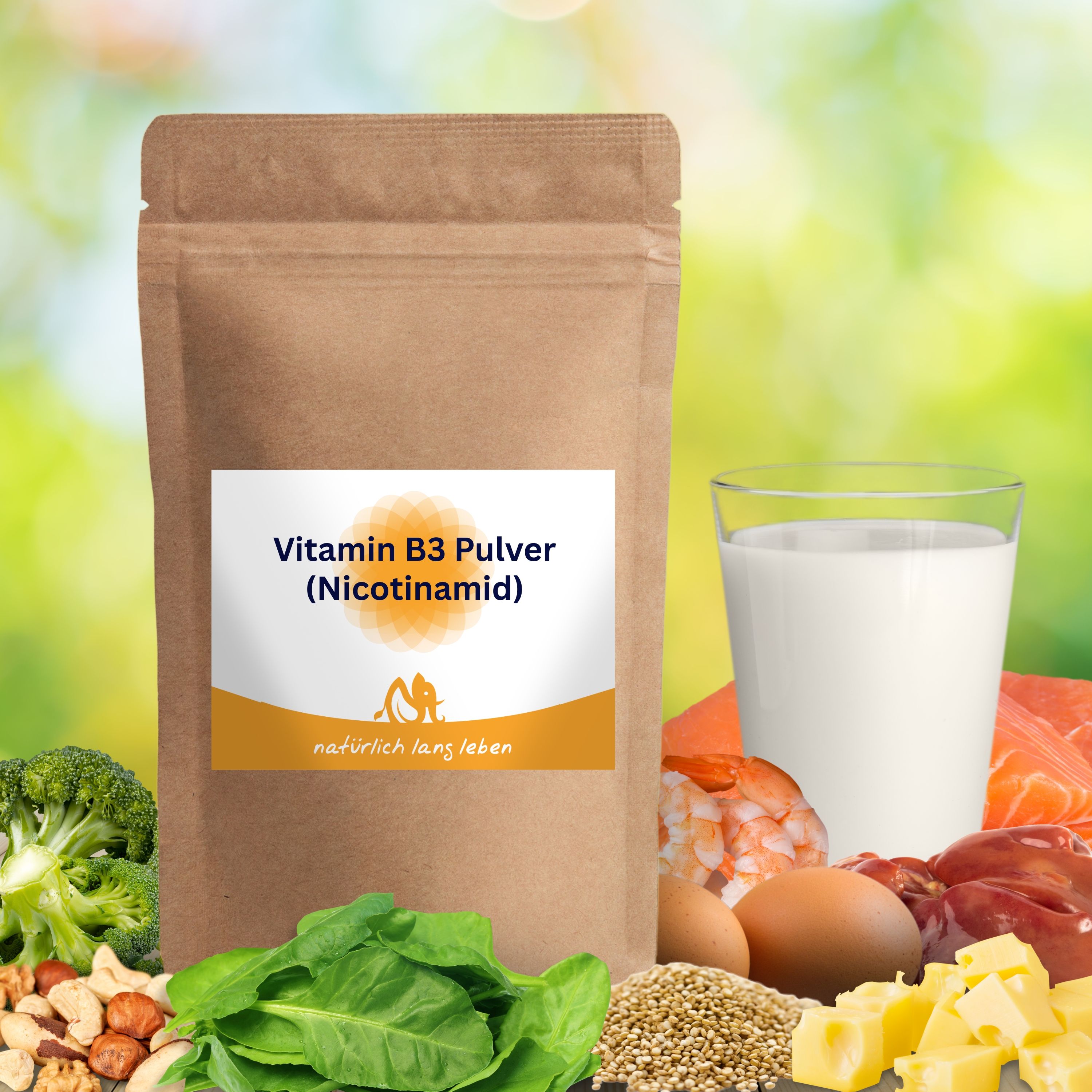Produktpackung mit Vitamin B3 Pulver, umgeben von Lebensmitteln wie Gemüse, Eiern und Fisch. Marke: natürlich lang leben.