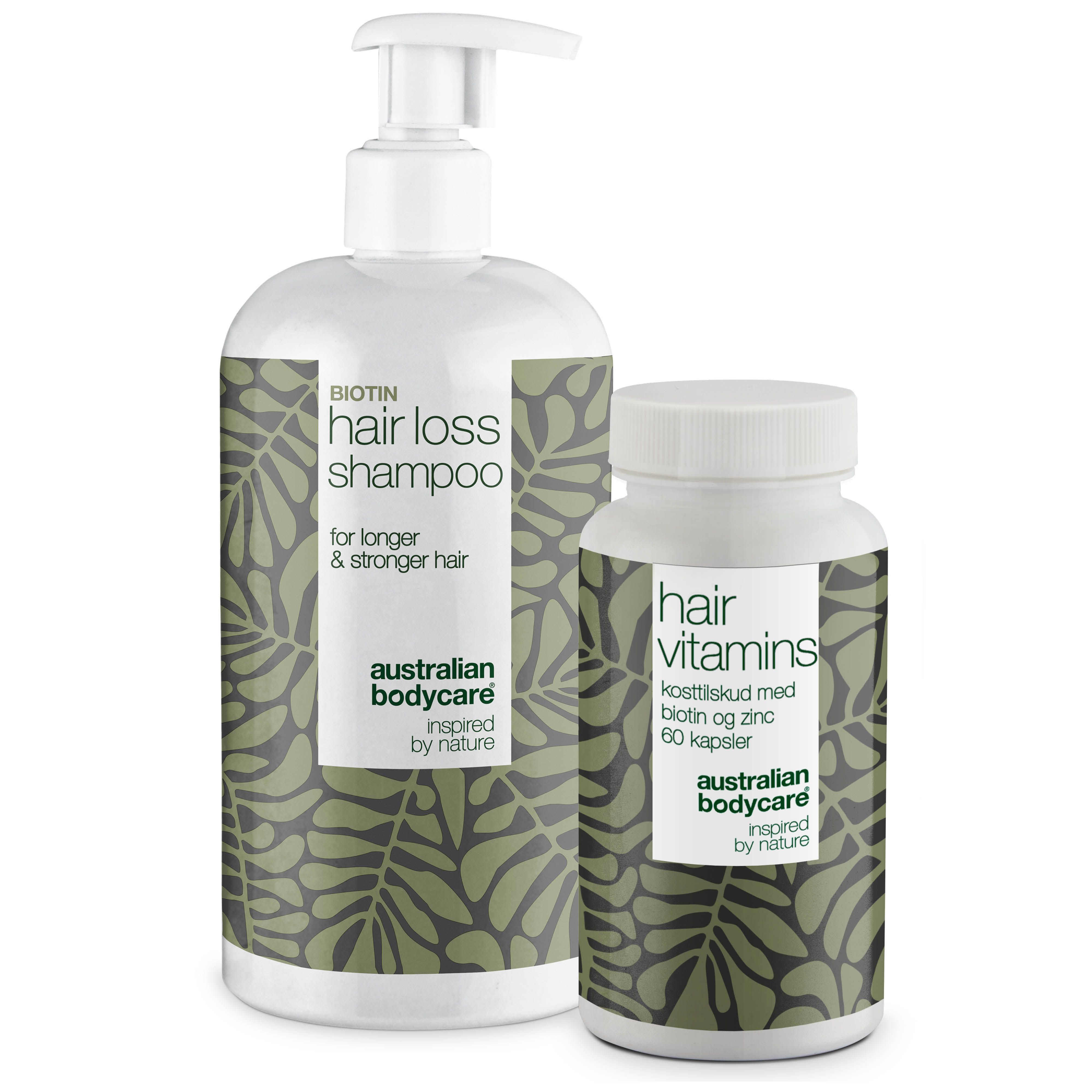 Shampoo- und Vitamin-Set gegen Haarausfall. Flasche mit Pumpe und Tablettenflasche. Beide mit Etiketten.