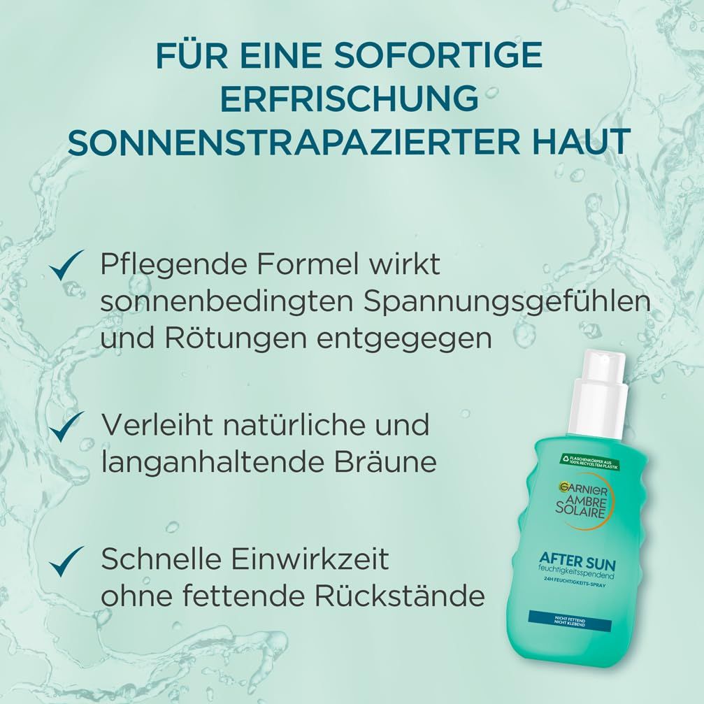 Grünes Garnier Ambre Solaire After Sun Spray. Text: Für sofortige Erfrischung sonnenstrapazierter Haut. Pflegende Formel, natürliche Bräune, schnelle Wirkung.