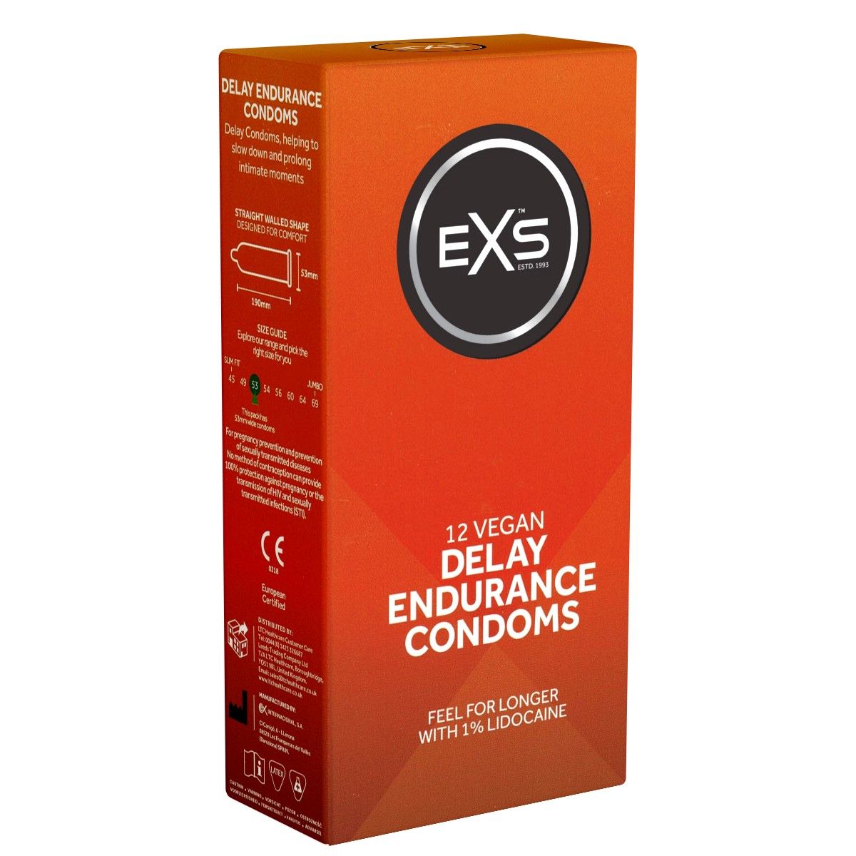 Orangene Verpackung mit "EXS"-Logo. Text: "12 VEGAN DELAY ENDURANCE CONDOMS". Enthält 1% Lidocain. CE-Kennzeichnung.