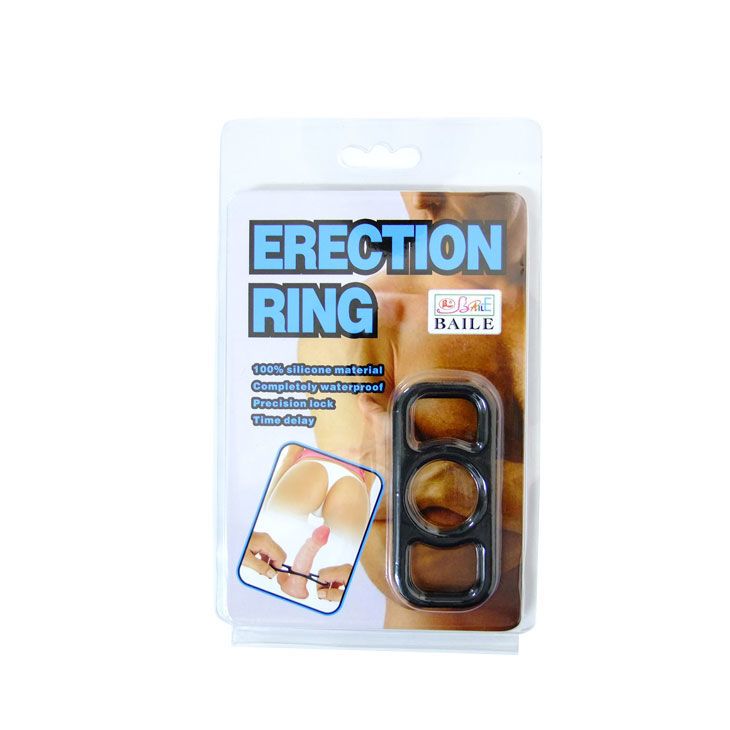 Verpackung mit schwarzem Silikonring. Text: ERECTION RING, BAILE. Produktabbildung und Produktmerkmale.