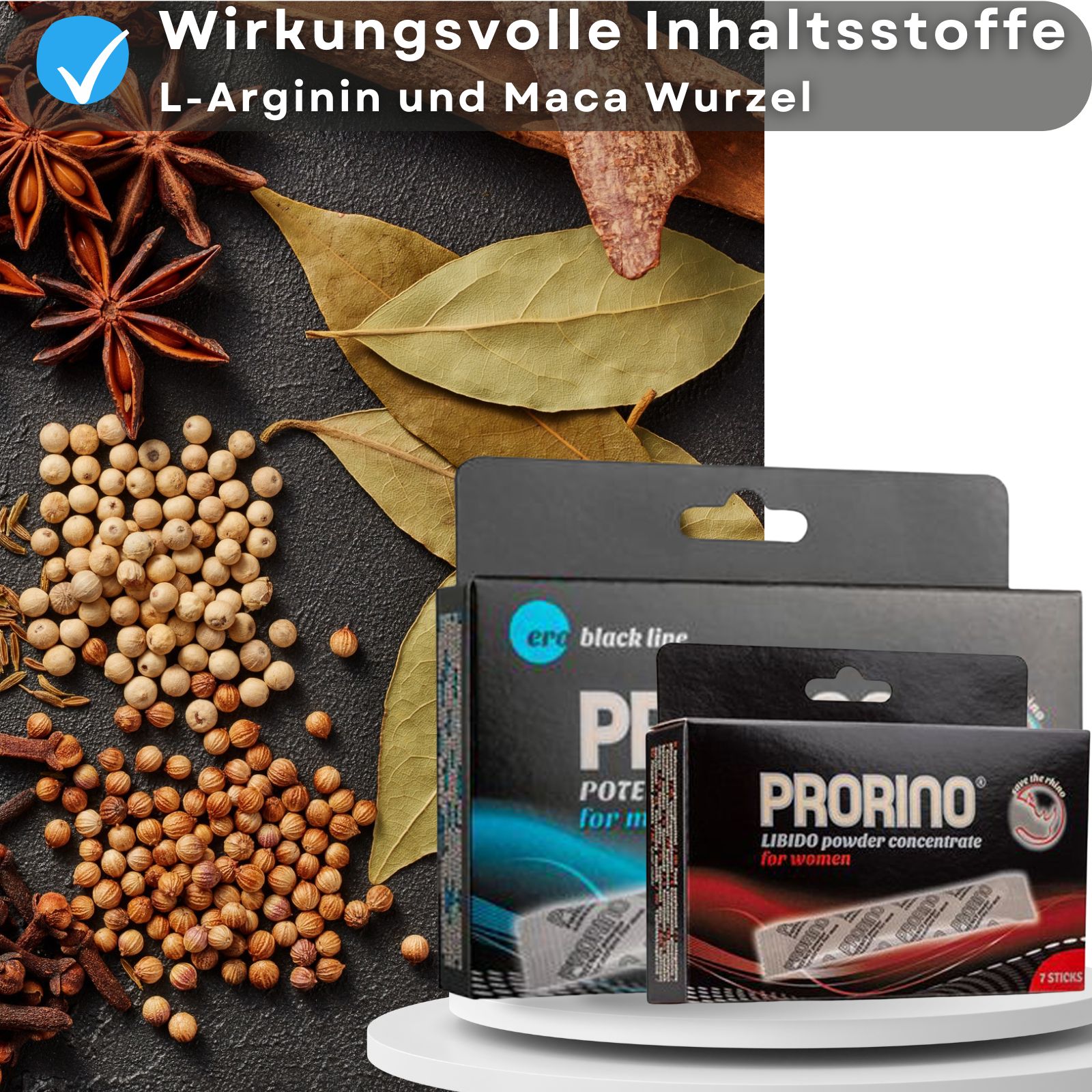 Prorino-Packungen mit Text. Textblöcke mit blauen Häkchen. Hintergrund mit weißem Puder.