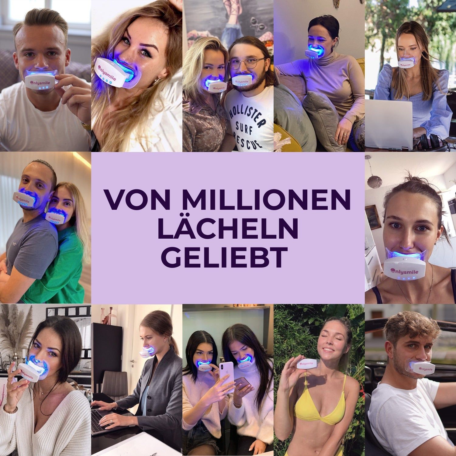 Mehrere Personen mit Mundschienen und LED-Licht. Text: Von Millionen Lächeln geliebt. OnlySmile-Logo sichtbar.