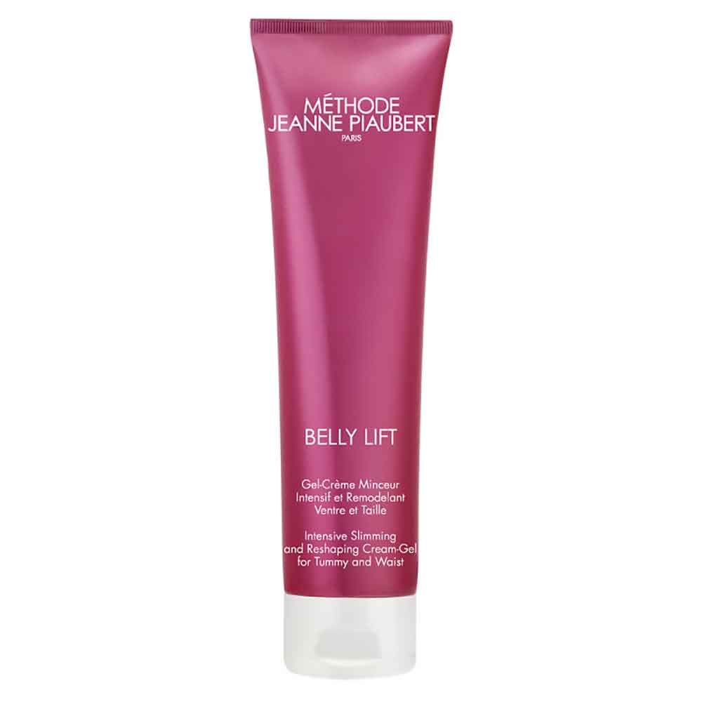 Rosa Tube mit weißem Verschluss. Aufschrift: "METHODE JEANNE PIAUBERT", "BELLY LIFT". Text: Gel-Crème Minceur, Intensive Slimming and Reshaping Cream-Gel.