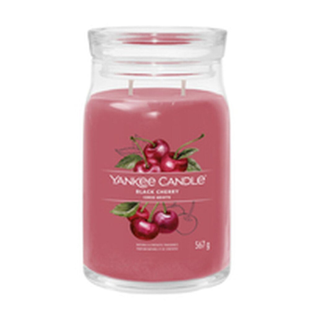 Glasbehälter mit rotem Wachs, Deckel und zwei Dochten. Etikett mit Kirschabbildung und Schriftzug "Yankee Candle Black Cherry".