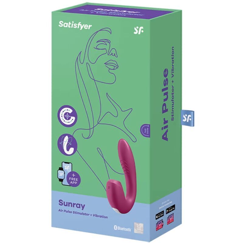 Verpackung mit rosa Gerät. Aufschrift: Satisfyer, Air Pulse, Sunray, Bluetooth. Illustration eines Gesichts.