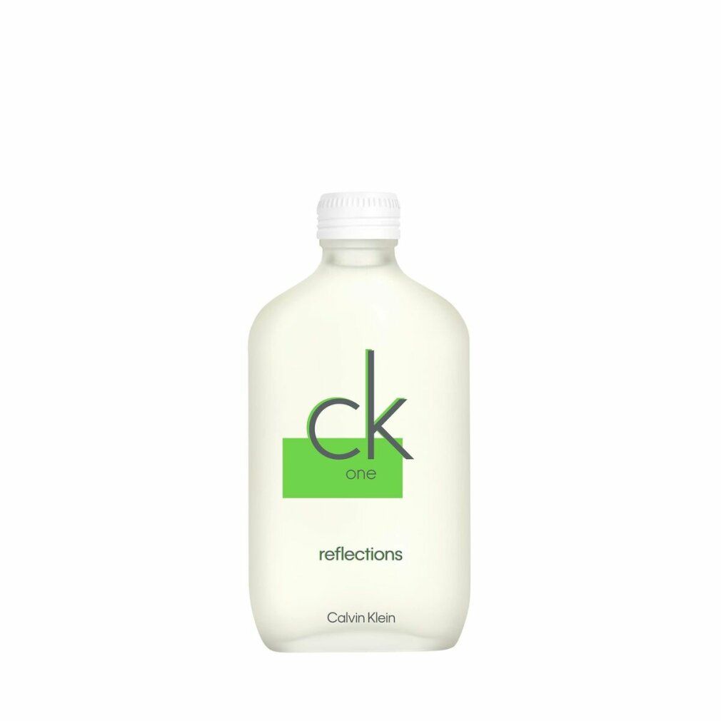 CK One Reflections E.d.T. Nat. Spray Flakon. Weißes Flakon mit grünem Logo und Schriftzug. Calvin Klein Schriftzug.
