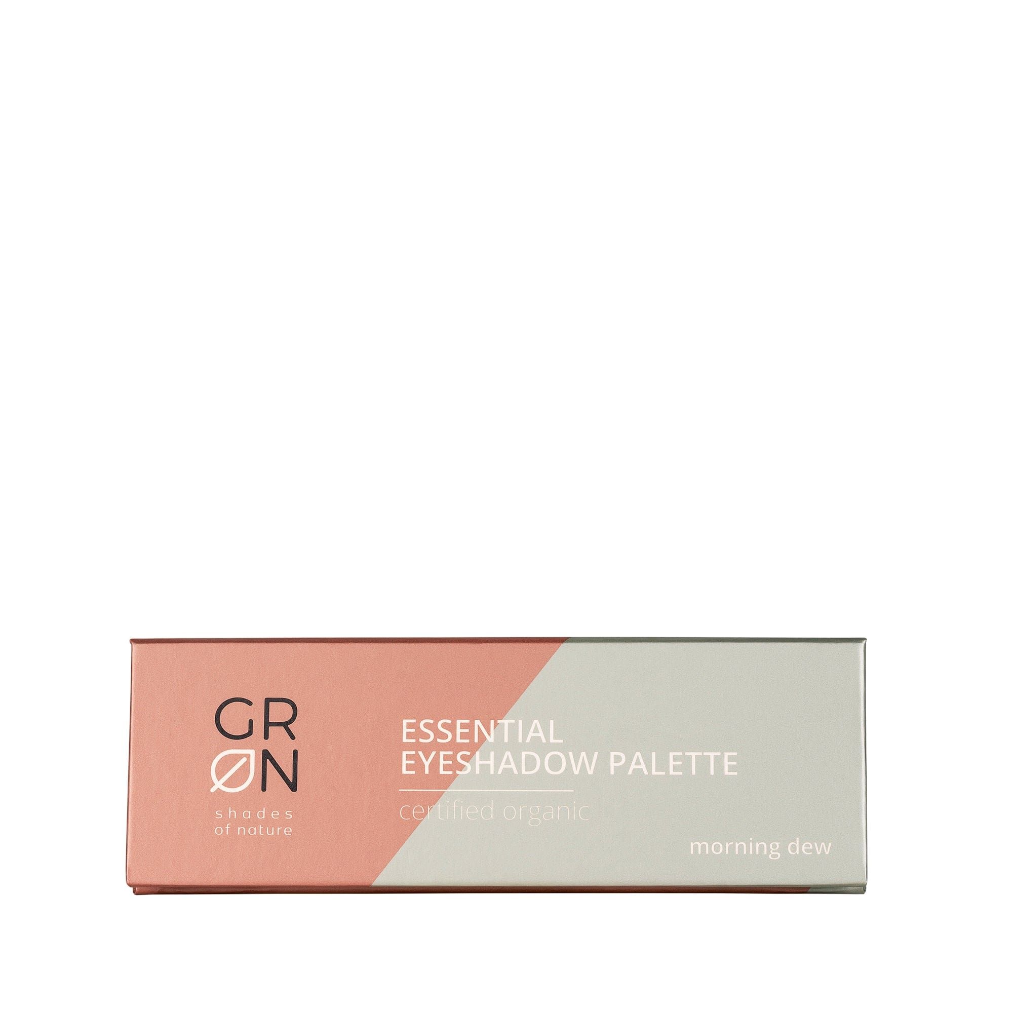 GRN [GRÜN] Essential Eyeshadow Palette, morning dew. Verpackung: rechteckig, zweifarbig, mit Produktnamen und Zertifizierung.