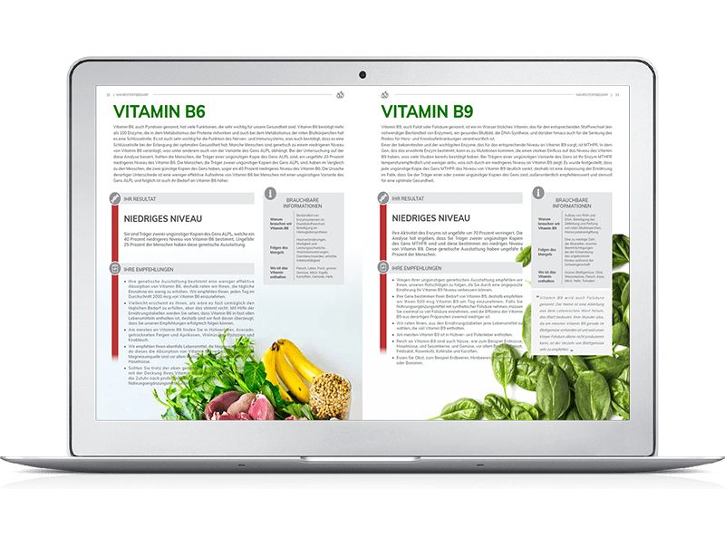 Laptop zeigt DNA-Testergebnisse für Vitamin B6 und B9 mit Lebensmitteln.