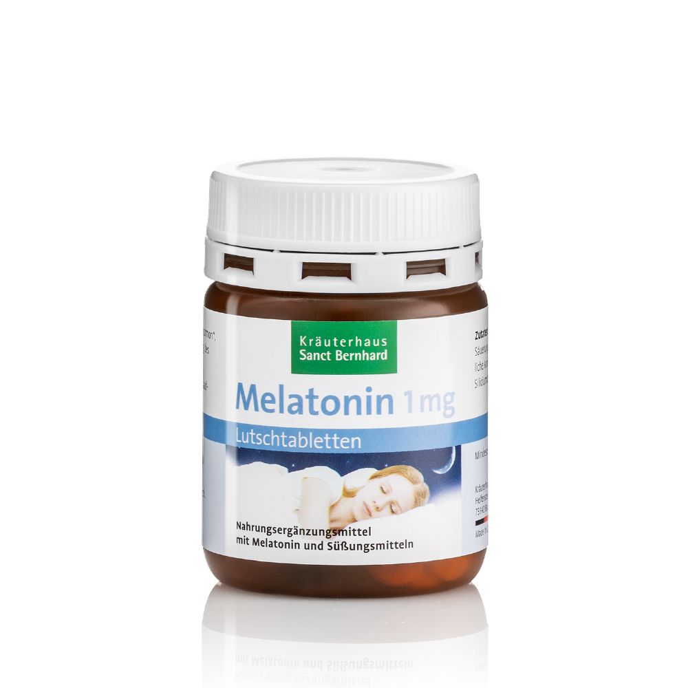 Braune Dose mit weißem Deckel. Aufschrift: Melatonin 1mg Lutschtabletten. Etikett mit Logo und Produktinformationen.