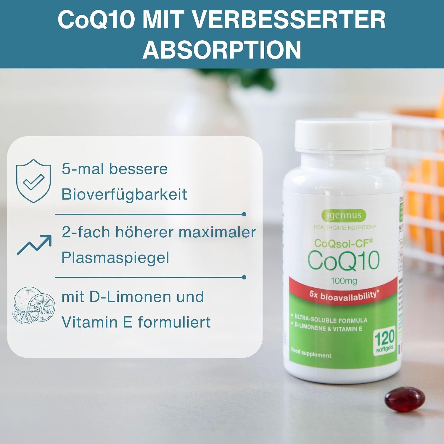 Diagramm zeigt doppelten maximalen Plasmaspiegel von CoQsol-CF CoQ10 im Vergleich zu Standard CoQ10.