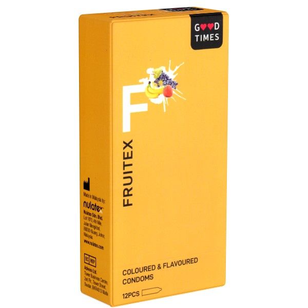 Gelbe Schachtel mit "FRUITEX"-Aufdruck. Oben rechts "GOOD TIMES". Aufschrift: "COLOURED & FLAVOURED CONDOMS". 12 Stück.
