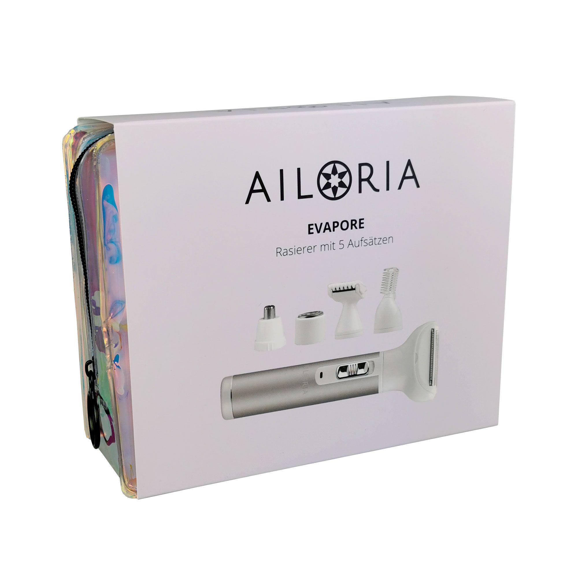Produktverpackung. AILORIA EVAPORE Rasierer mit 5 Aufsätzen. Rasierer und Zubehör abgebildet.