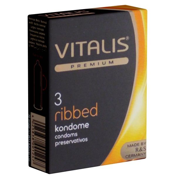 Schwarze Verpackung mit Produktnamen VITALIS PREMIUM. Enthält 3 gerippte Kondome. Hergestellt in Deutschland.