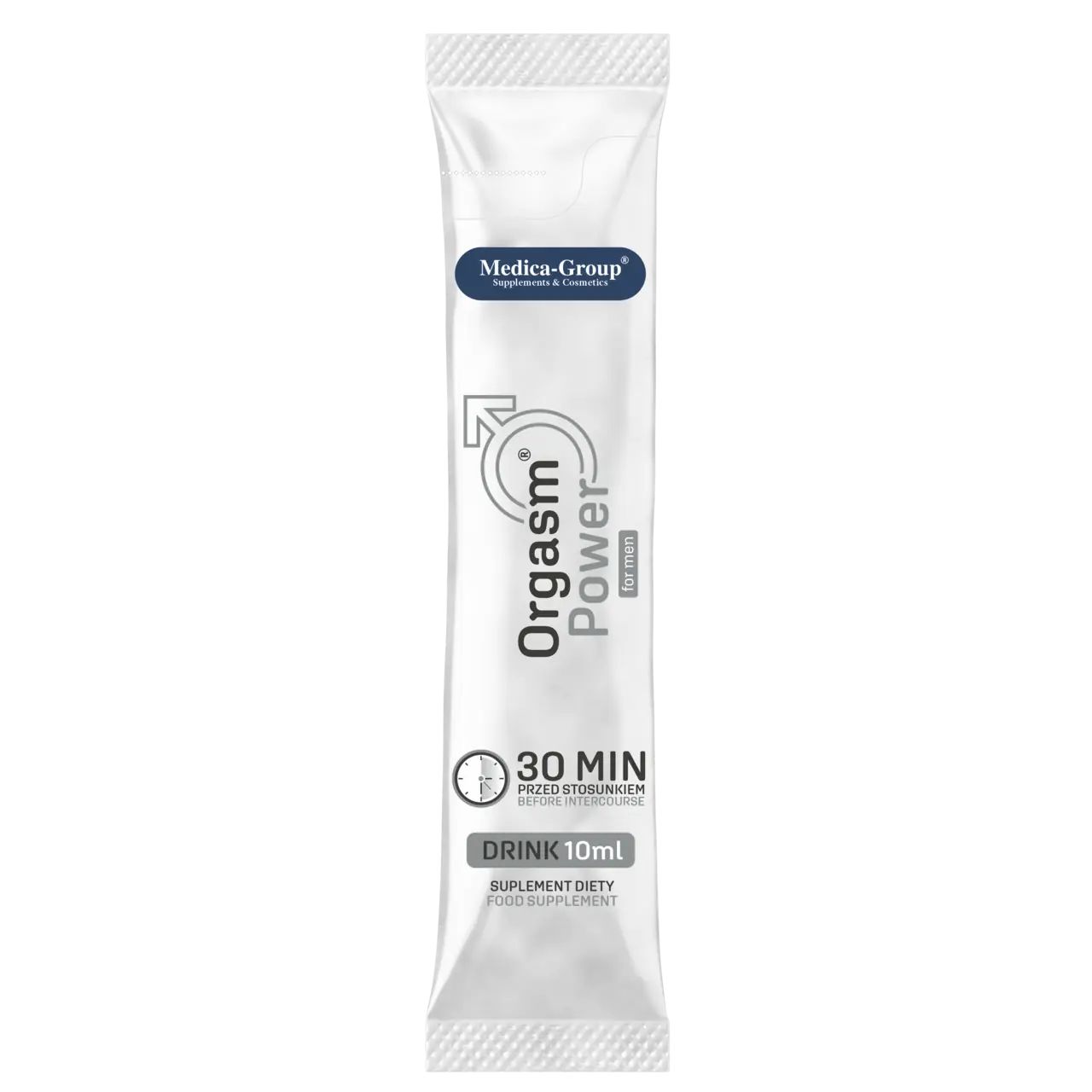 Beutel "Orgasm Power for Men". Text: "30 MIN VOR INTERKURS". Marke: Medica-Group. Drink 10ml.