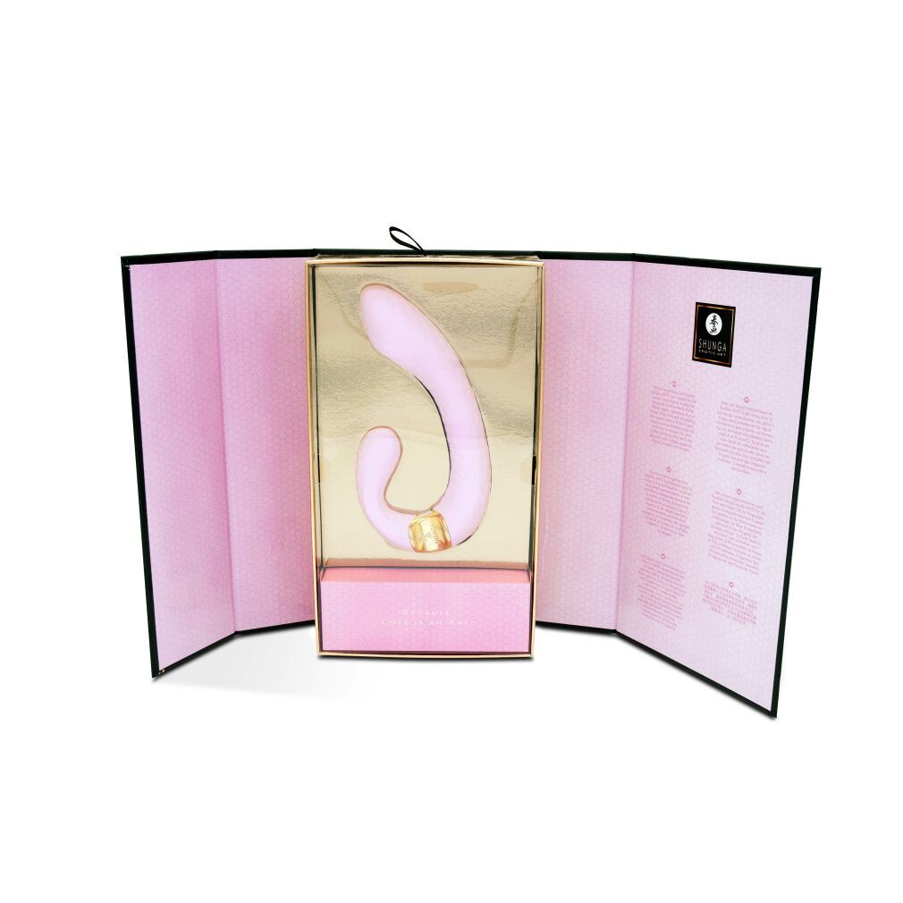 Verpackung mit rosa Massagegerät und goldfarbenem Akzent. Geöffnet, mit Produkt und Text.