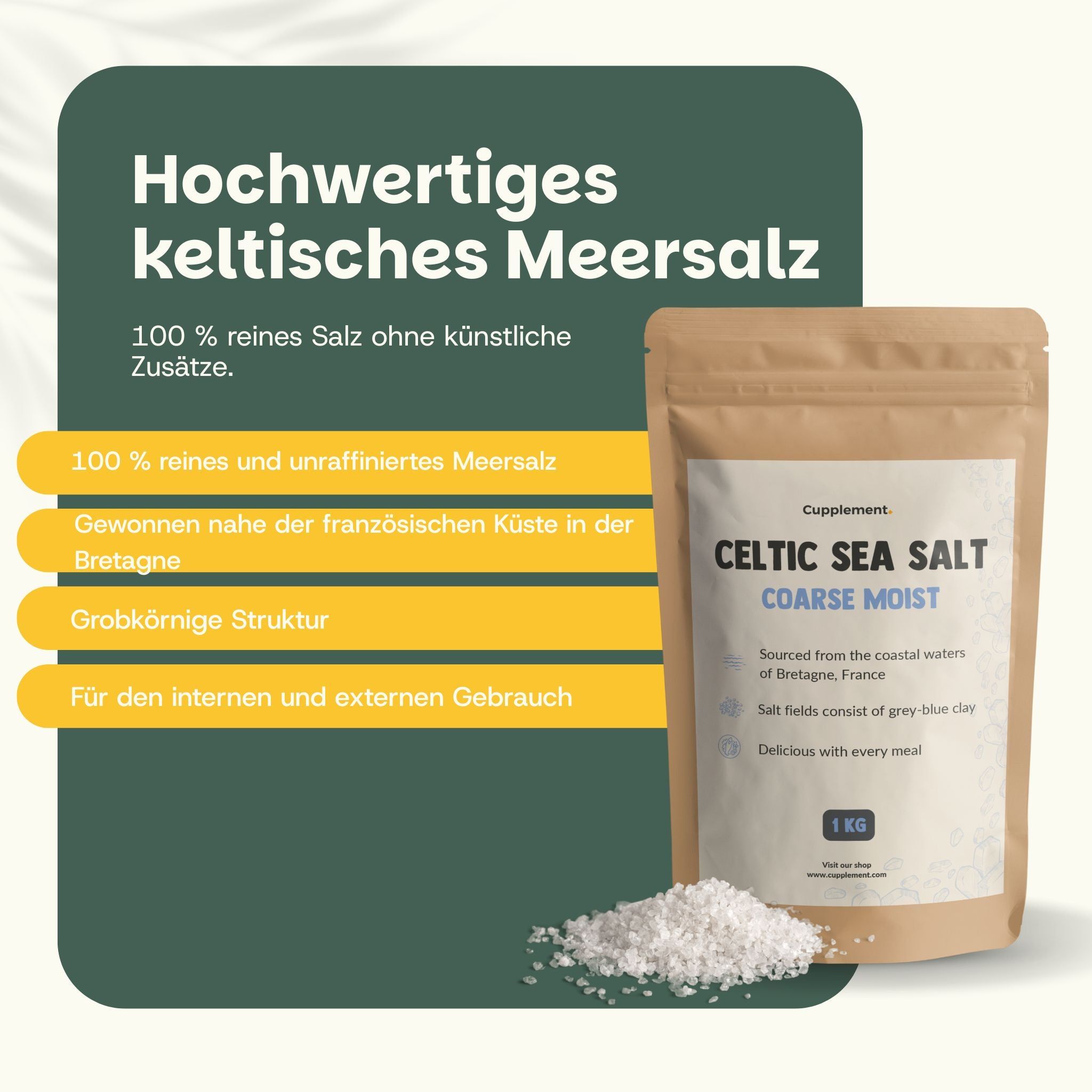 Beutel mit grobem, feuchtem Meersalz. Text: Für Mahlzeiten, Bäder, Hautpflege, 1 kg.