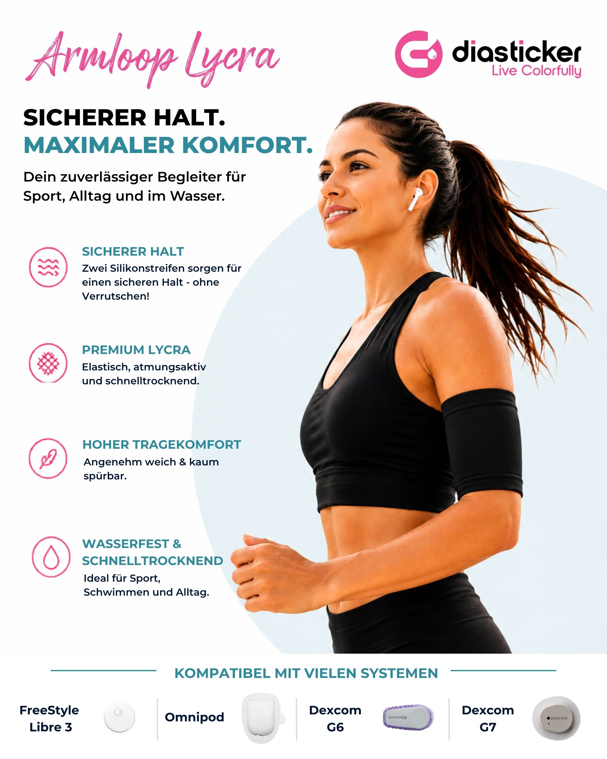Werbebild mit Diasticker Armloop Lycra. Frau mit Armloop. Text: Armloop Lycra, sicher, komfortabel.