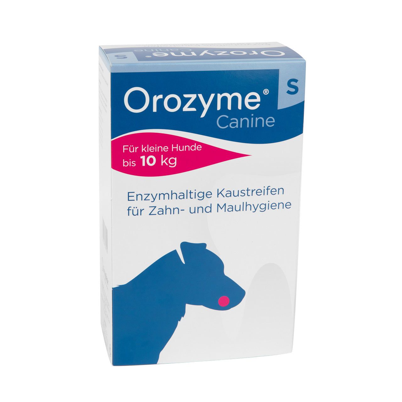 Verpackung von Orozyme Canine. Enthält enzymhaltige Kaustreifen für Hunde bis 10 kg. Mit blauem Hundeprofil.