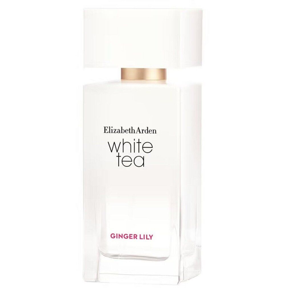 Weißer Flakon mit weißem Deckel und goldenem Akzent. Aufschrift: Elizabeth Arden White Tea Ginger Lily.