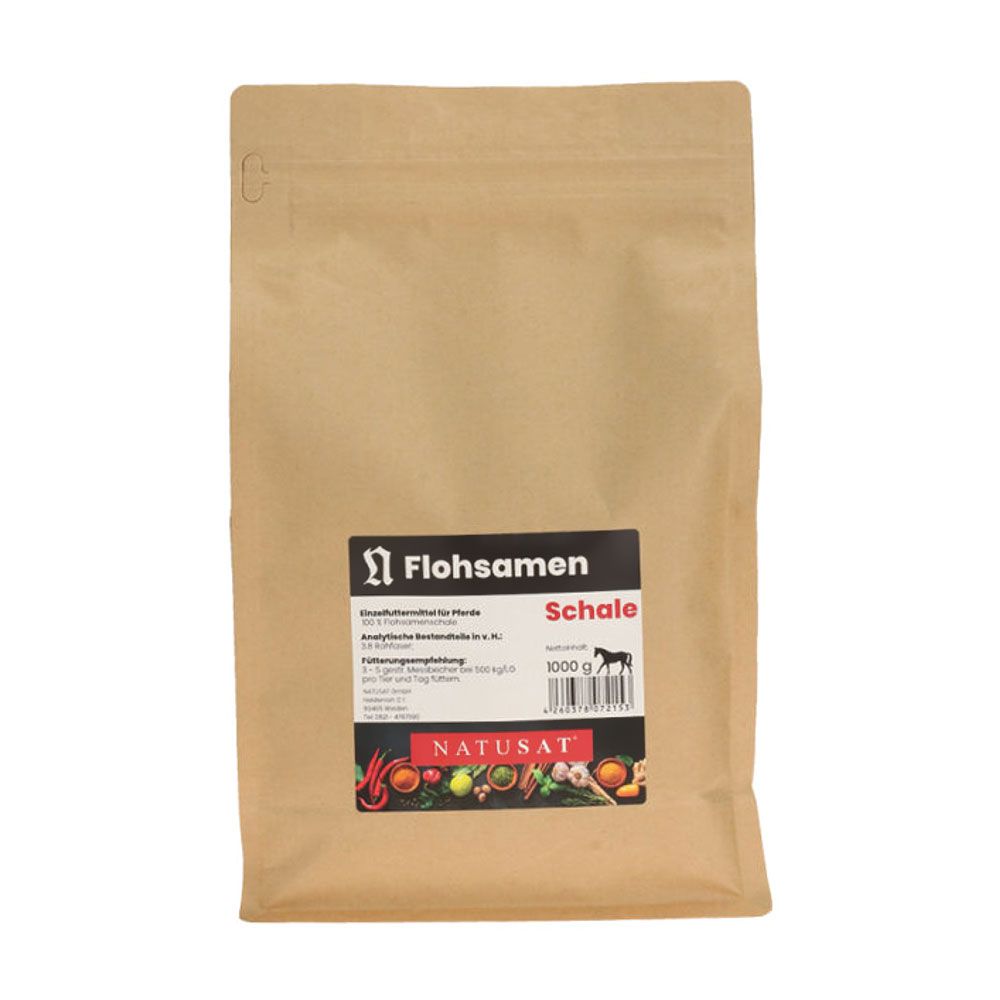 Beutel mit Natusat Flohsamenschalen. Braune Verpackung mit Etikett. Aufschrift: Flohsamen Schale, 1000 g.