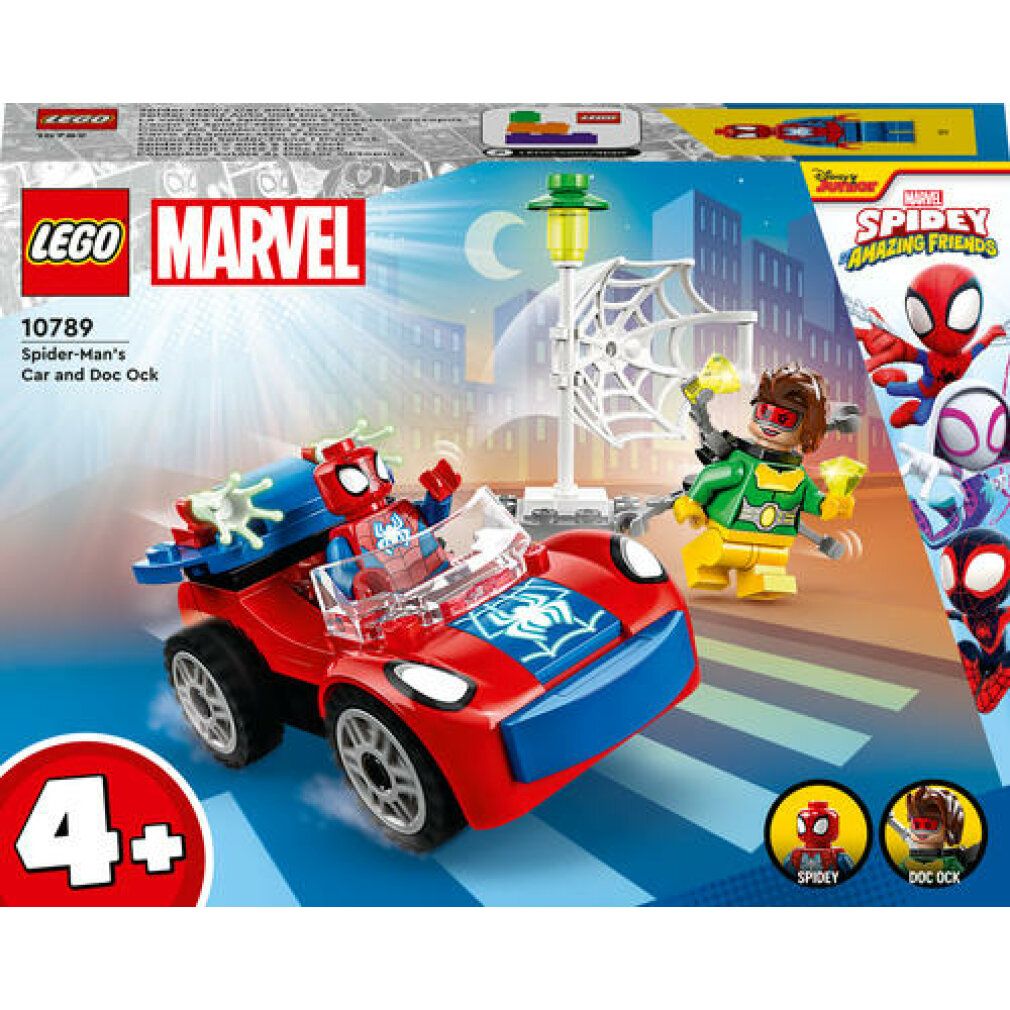 LEGO Marvel Set. Rotes Auto mit Spidey-Figur. Doc Ock und Spidey-Logo. Altersempfehlung 4+. Verpackung mit Spidey-Motiven.