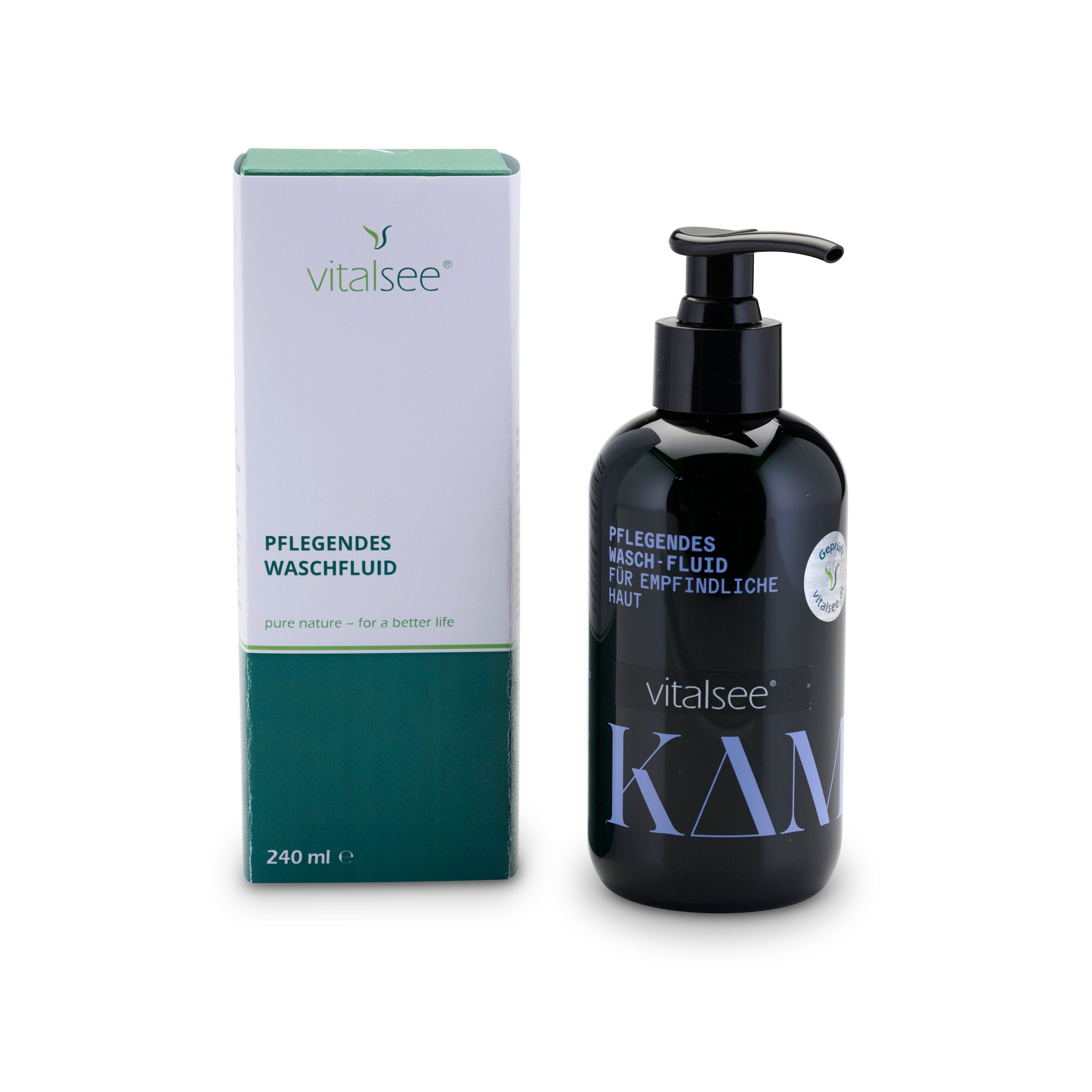 Schwarze Flasche mit Pumpe und Karton. Aufschrift: vitalsee, Pflegendes Wasch-Fluid. 240 ml. Grün-weiße Verpackung.