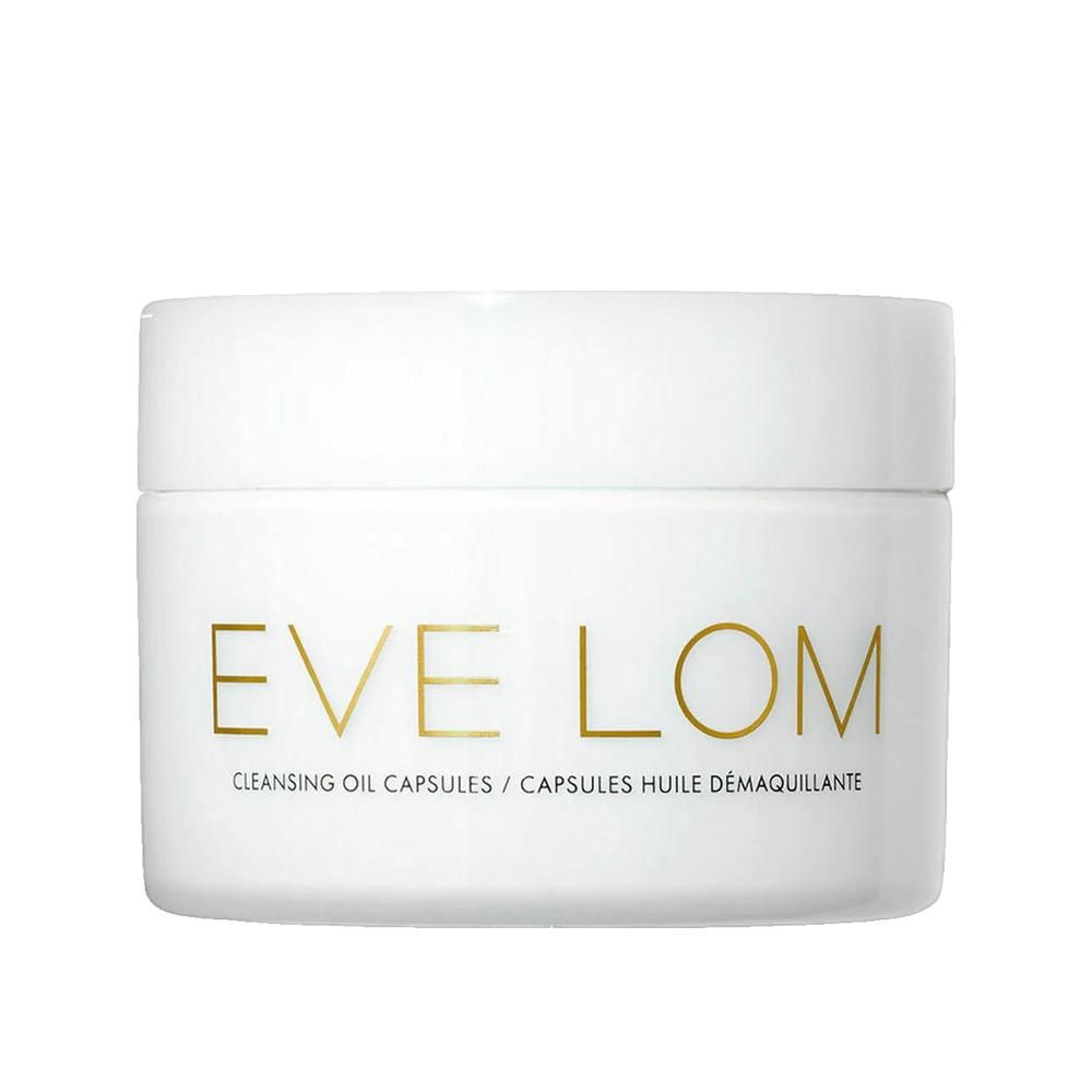 Weiße Dose mit goldfarbenem Schriftzug EVE LOM. Darunter steht "CLEANSING OIL CAPSULES".