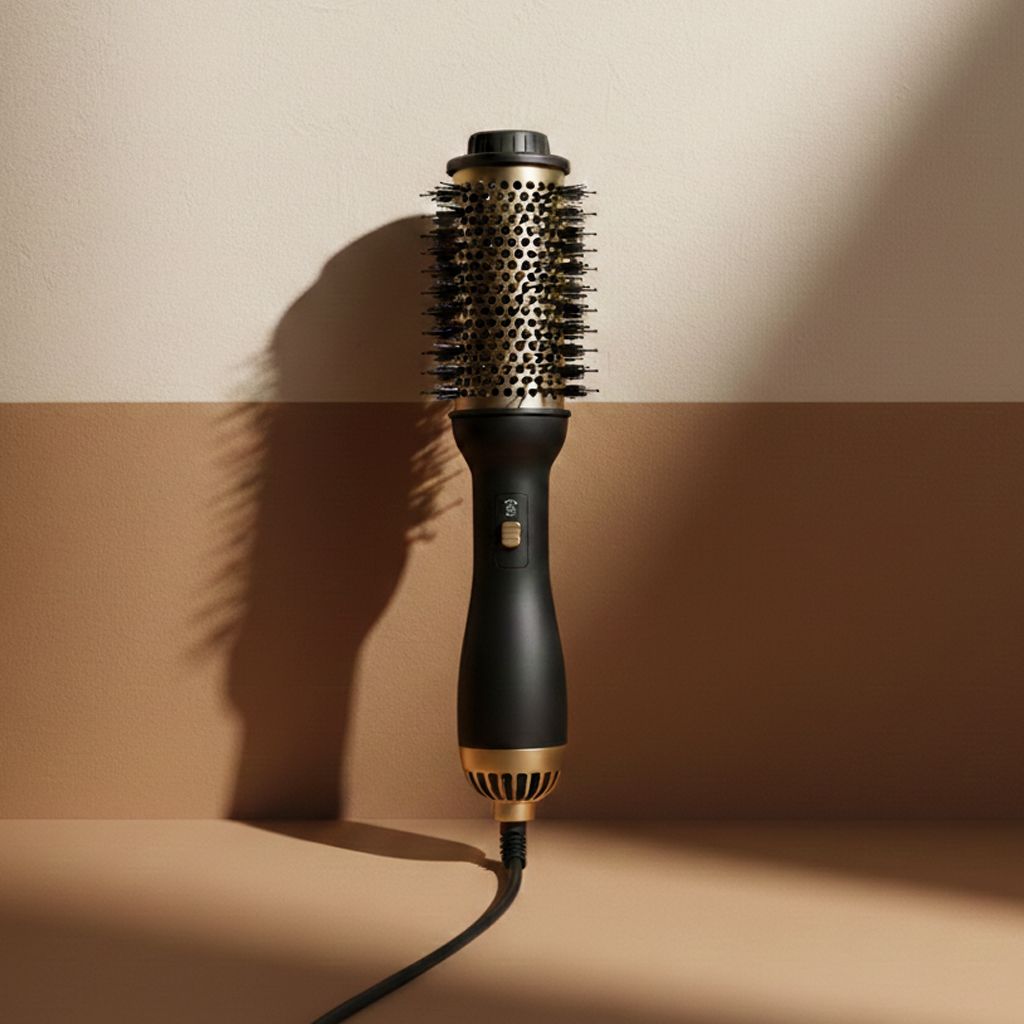 Ein schwarzer und goldener Haartrockner- und Styling-Pinsel mit Borsten.