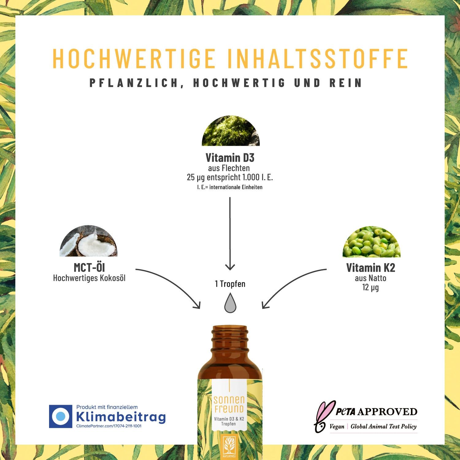 Infografik mit Inhaltsstoffen. Vitamin D3, MCT-Öl, Vitamin K2. Tropfenflasche. PETA-Siegel. Klimaneutral-Logo.