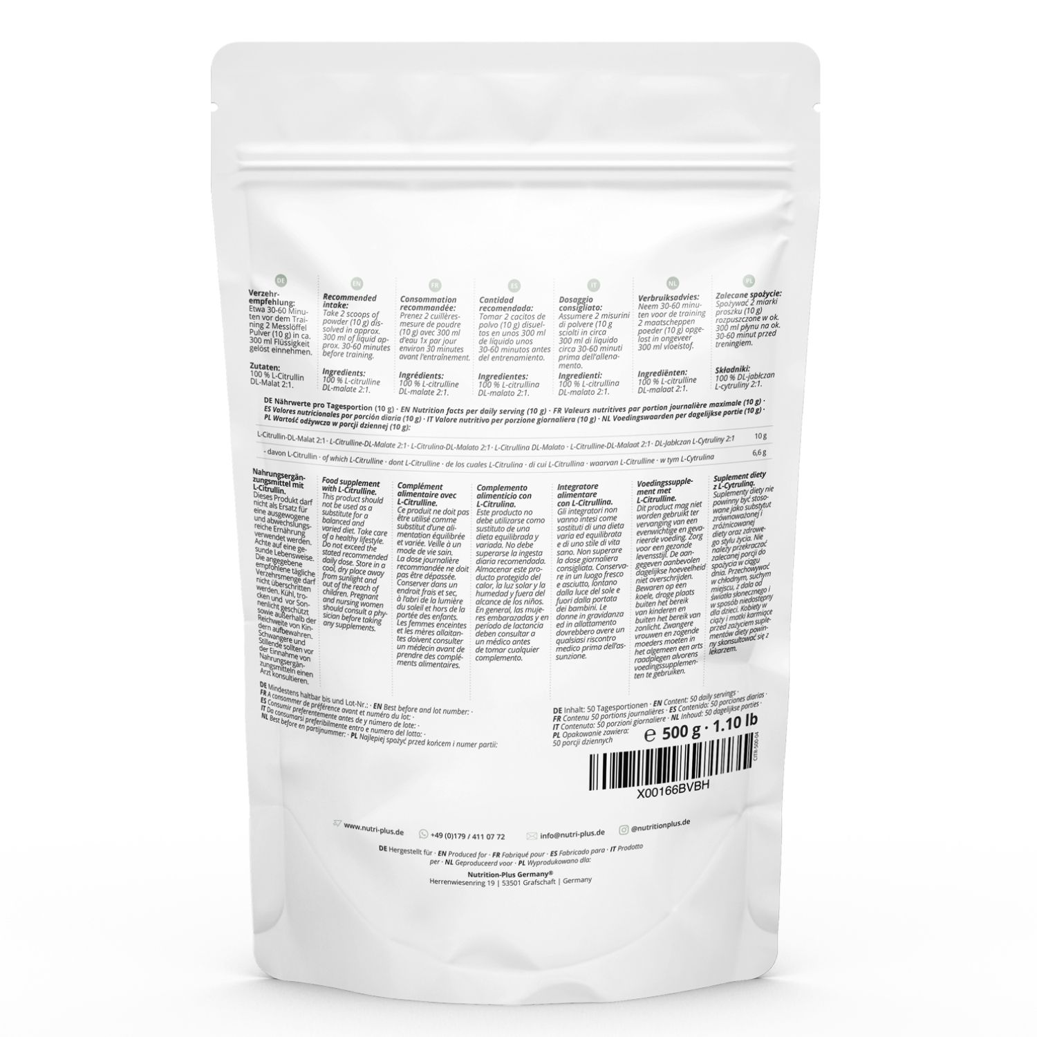 Rückseite eines weißen Beutels mit Text in mehreren Sprachen. Enthält Nährwertangaben und Zutatenliste. Marke: nutri+.