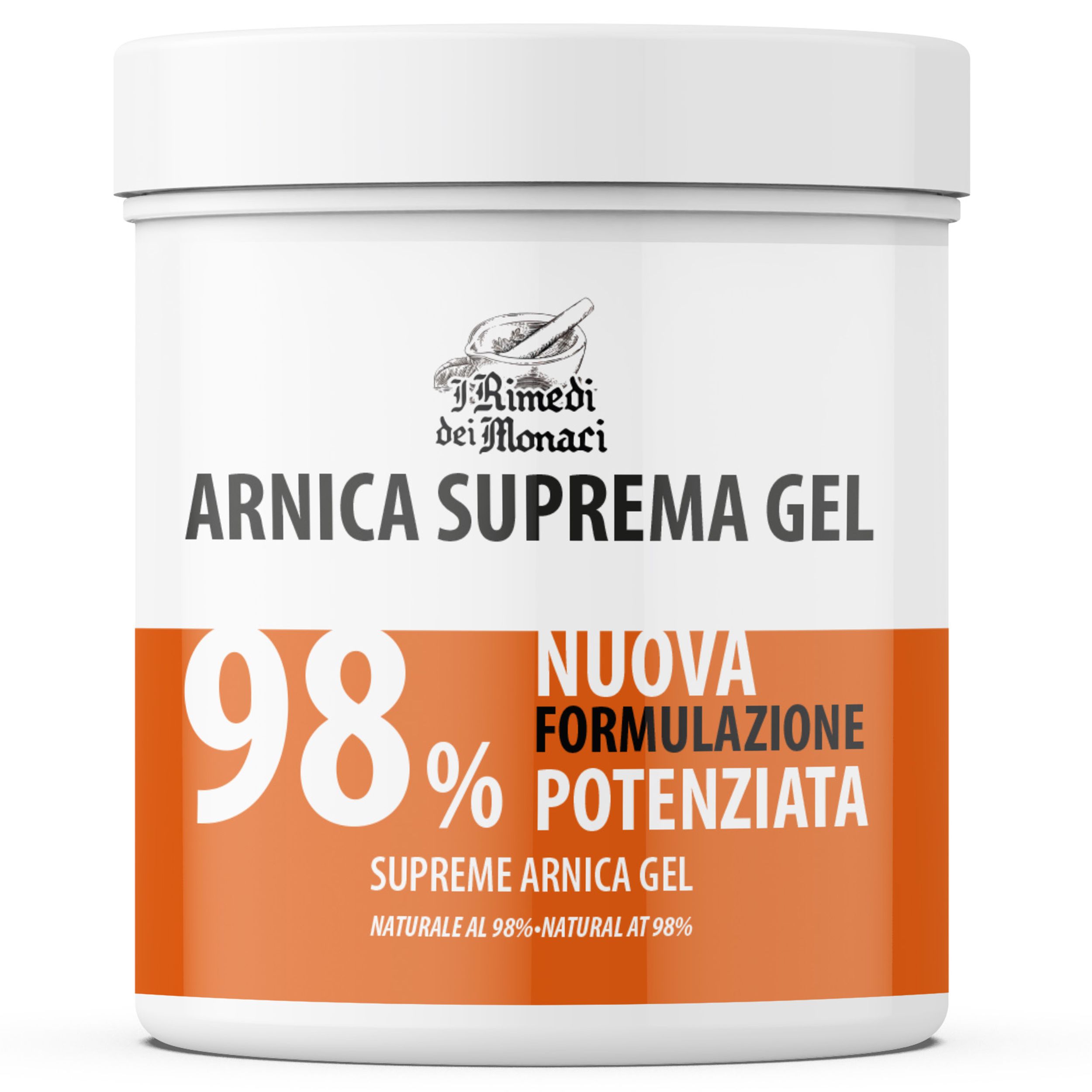 Weißes Produktglas mit orangefarbener Aufschrift. Text: Arnika Suprema Gel 98%. Aufschrift: Neue Formulierung. Natürliche 98%.