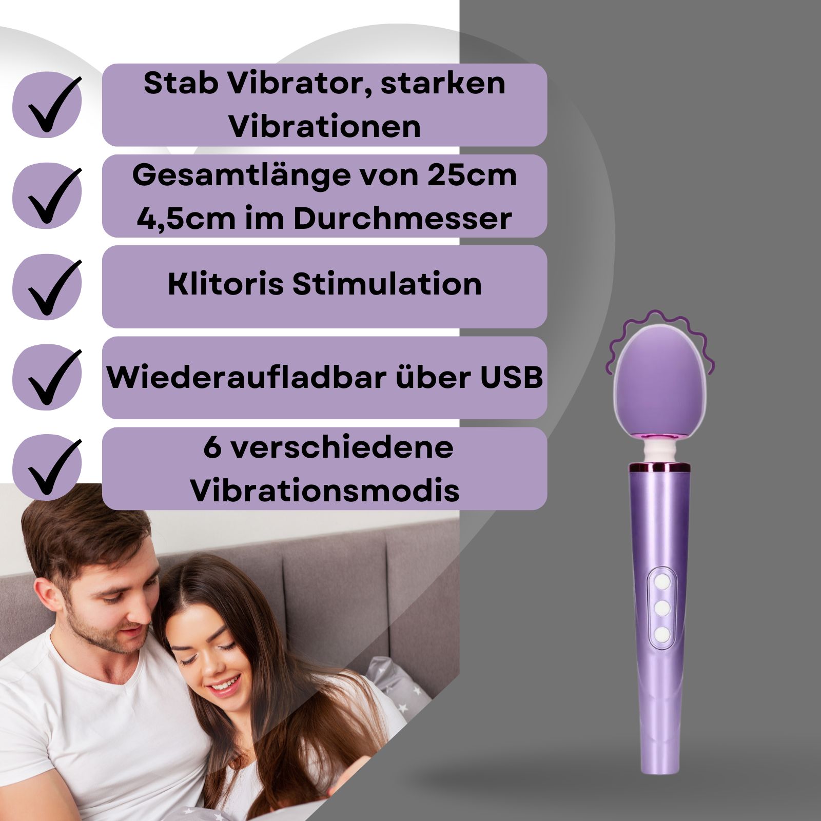 Lila Stabvibrator. Text: Starke Vibrationen, 25cm lang, 6 Modi, USB. Paar Hände.