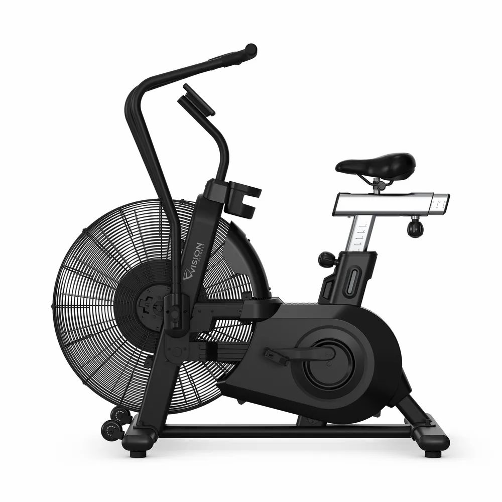 Schwarzes Air Bike mit Lüfterrad und Vision-Logo. Sattel, Griffe und Pedale sind ebenfalls sichtbar.