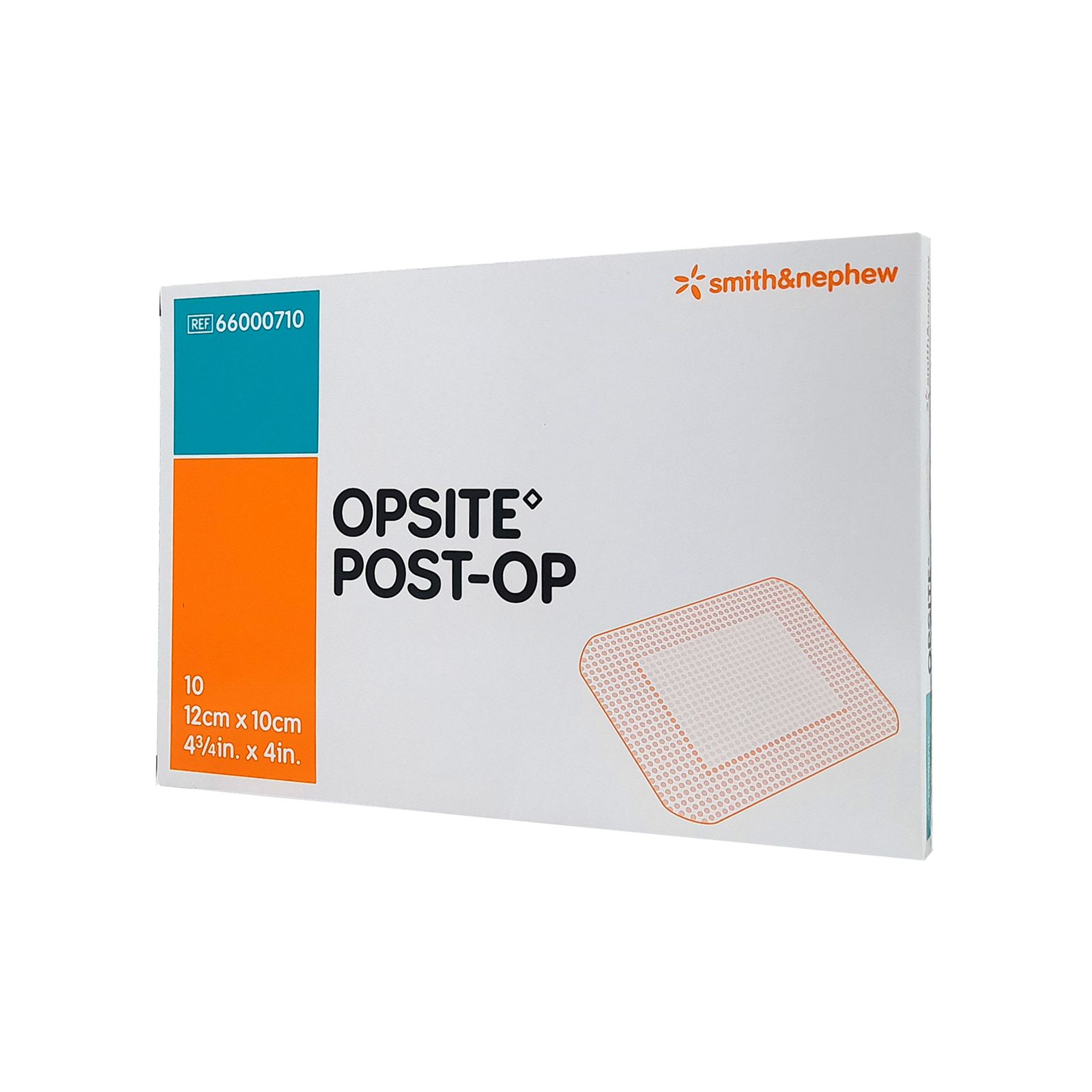 Opsite Post-Op Verband-Packung. Enthält 10 Verbände. Größe: 12x10cm. Marke: Smith & Nephew. Orangefarbener und blauer Bereich auf der Verpackung.