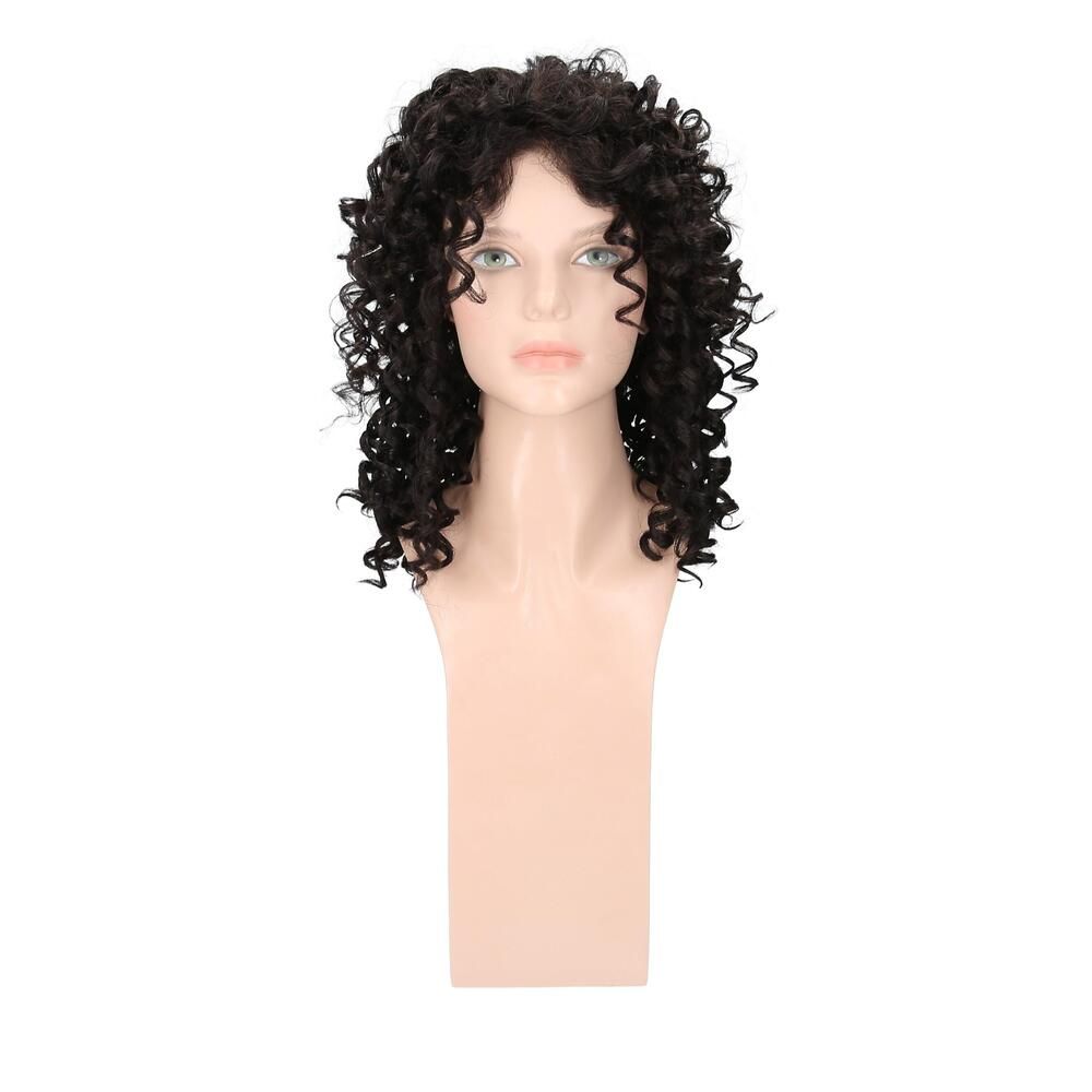 Perücke Maileen von trendhair, lockig, schwarz, auf einer Büste. Frontalansicht.