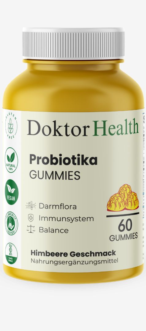 Gelbe Flasche Doktor Health Probiotika Gummies. Text: 60 Gummies, Himbeer Geschmack, glutenfrei, vegan, klinisch getestet, GMO frei.